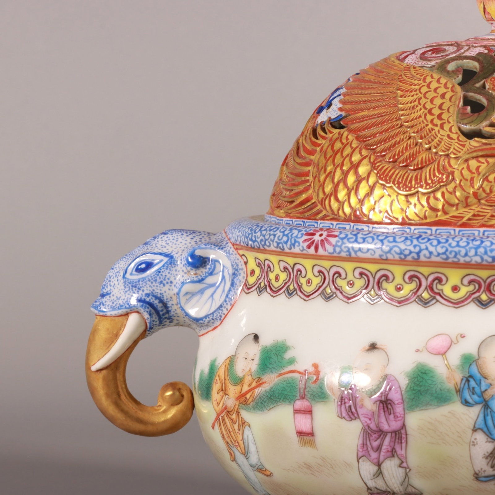 A Pair of Exquisite Enamel Painted Gold Figure and Phoenix Pattern Elephant-Ears Censers - 3