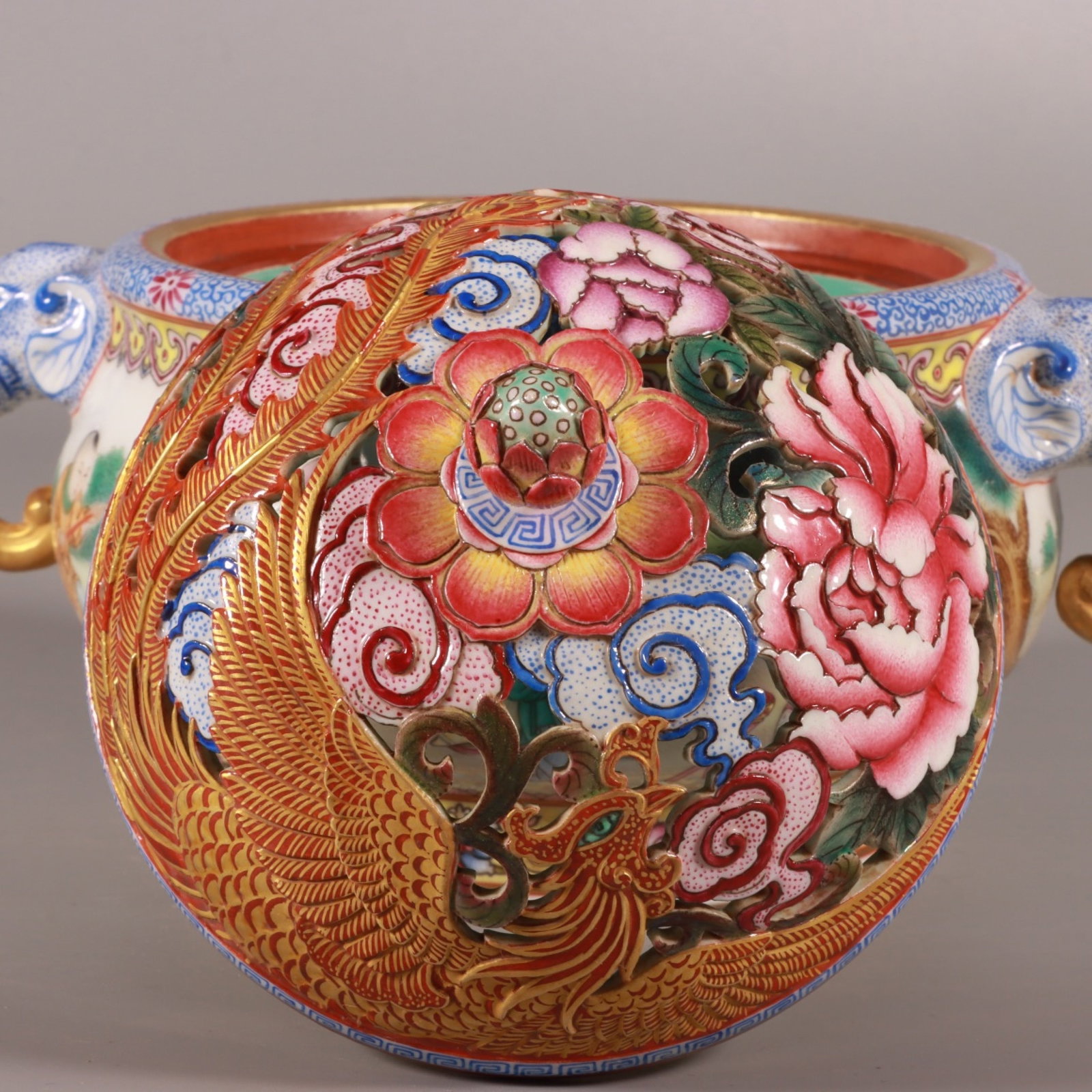 A Pair of Exquisite Enamel Painted Gold Figure and Phoenix Pattern Elephant-Ears Censers - 8