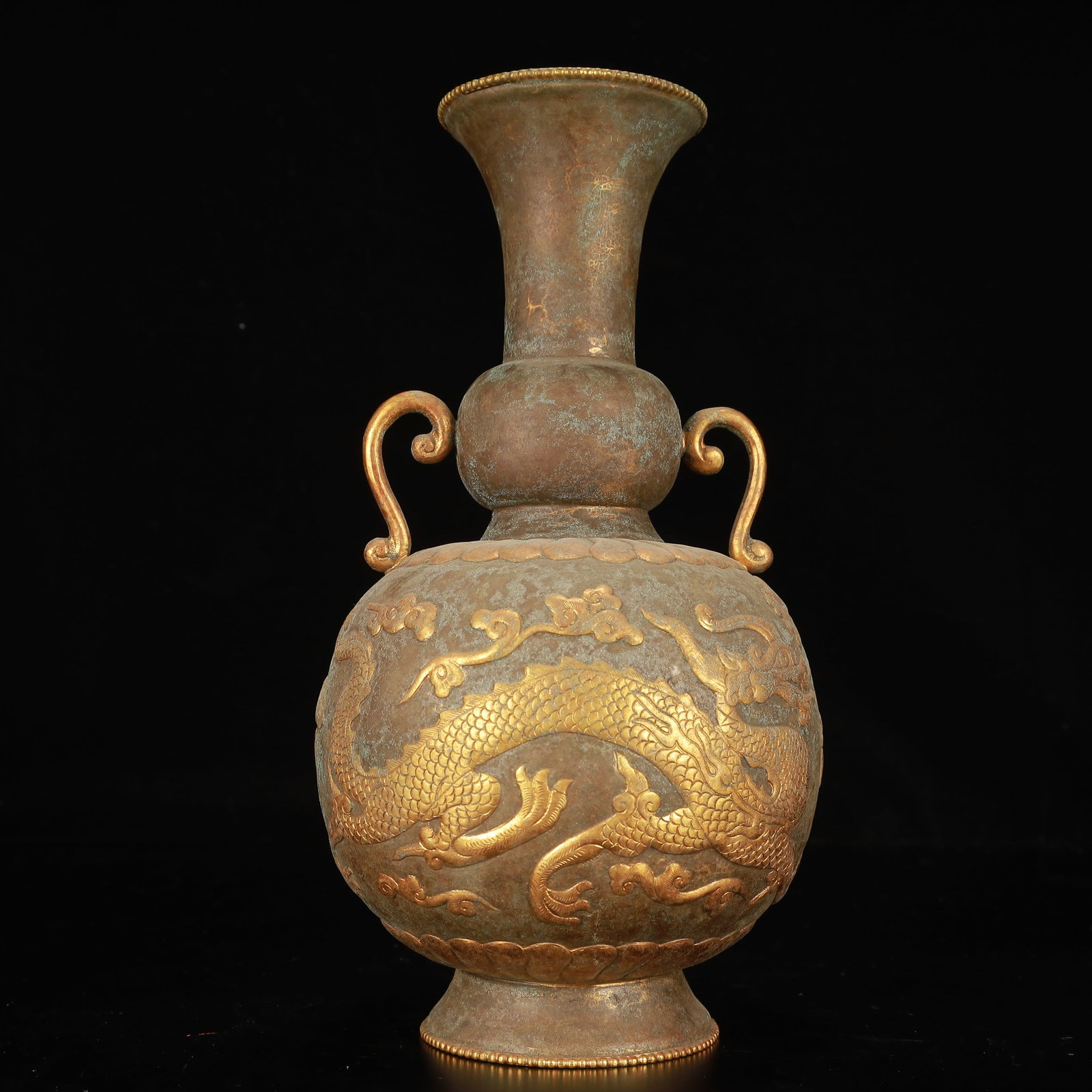 An Exquisite Gilt Bronze Auspicious Cloud and Dragon Pattern Double-Ears Vase - 10