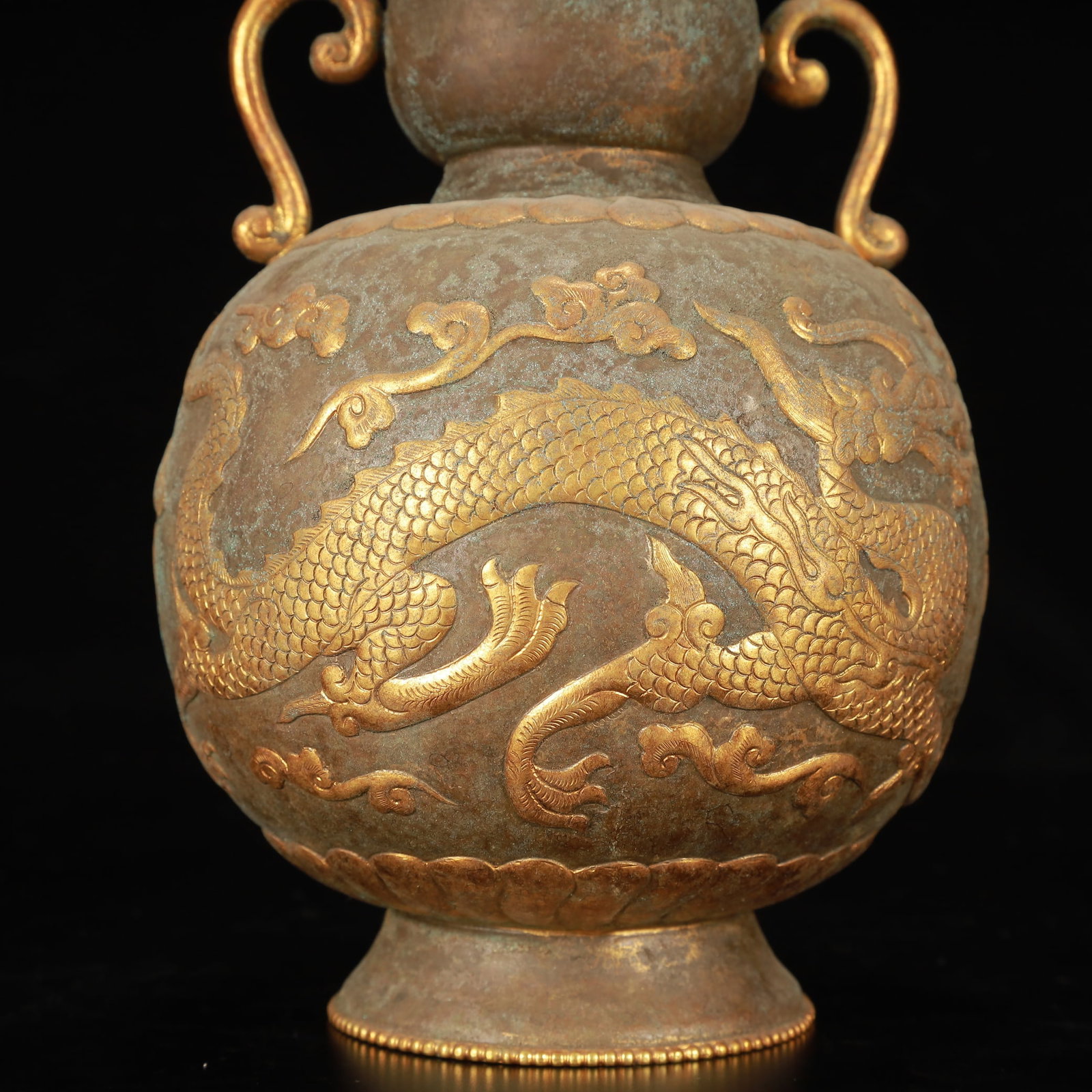 An Exquisite Gilt Bronze Auspicious Cloud and Dragon Pattern Double-Ears Vase - 11
