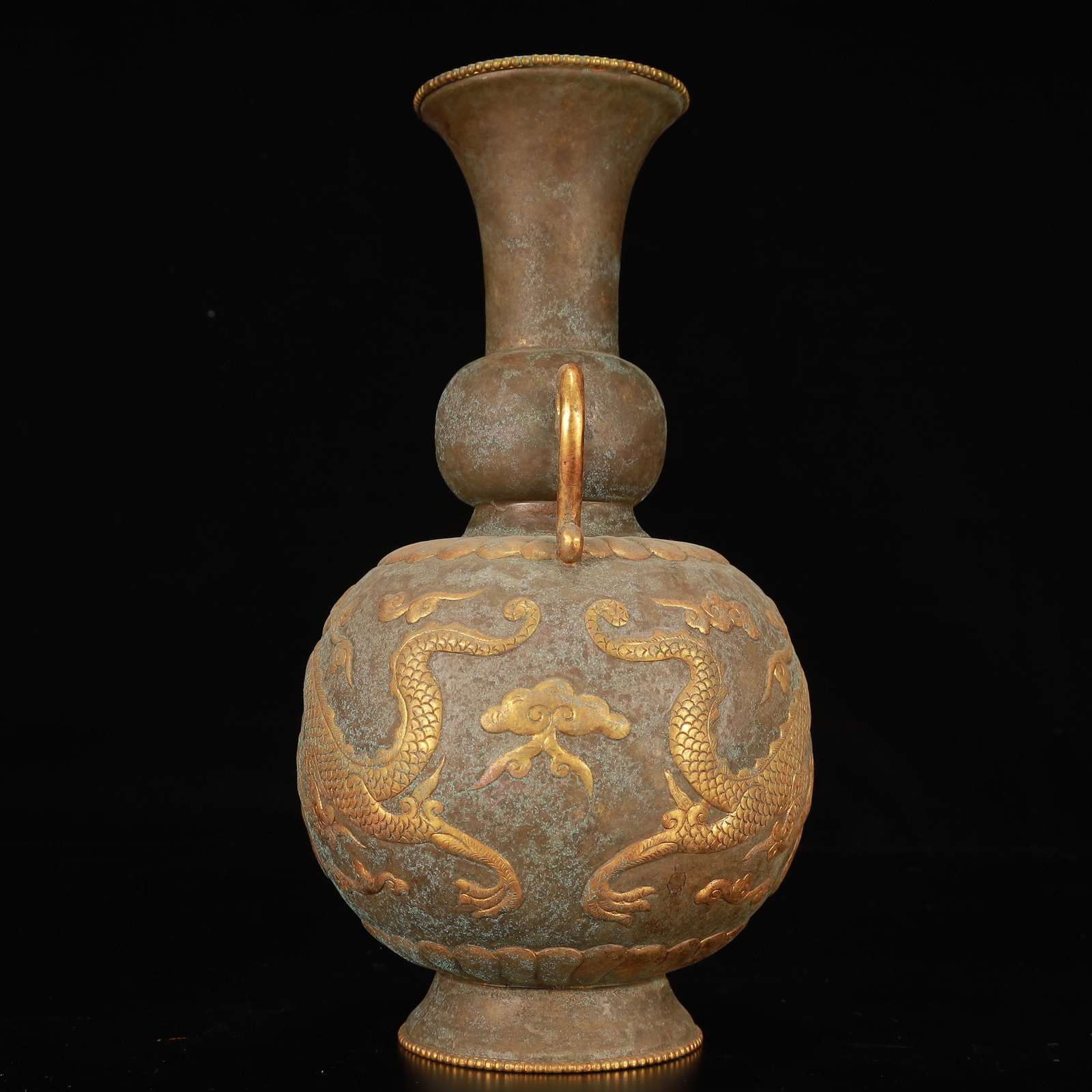 An Exquisite Gilt Bronze Auspicious Cloud and Dragon Pattern Double-Ears Vase - 12