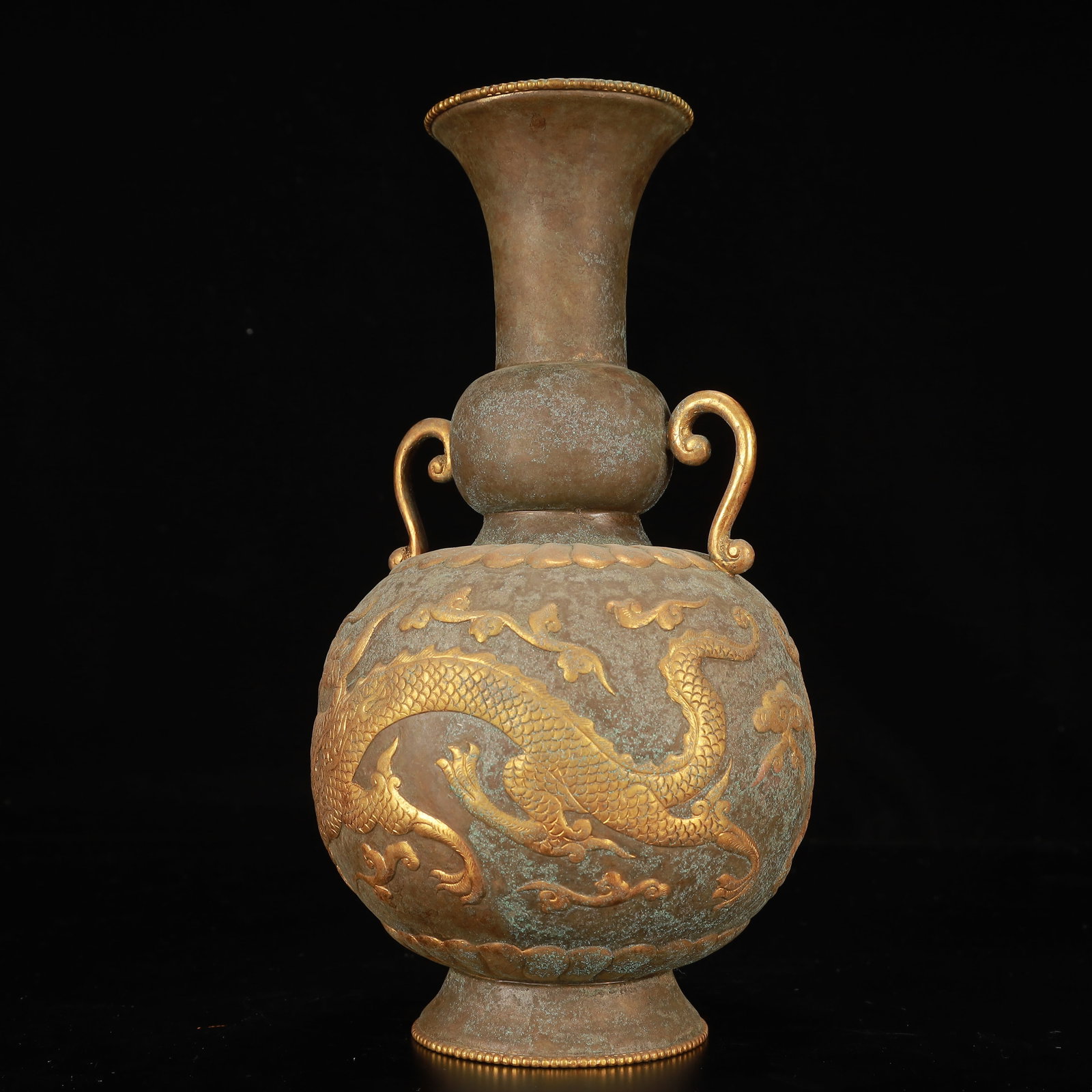 An Exquisite Gilt Bronze Auspicious Cloud and Dragon Pattern Double-Ears Vase - 13
