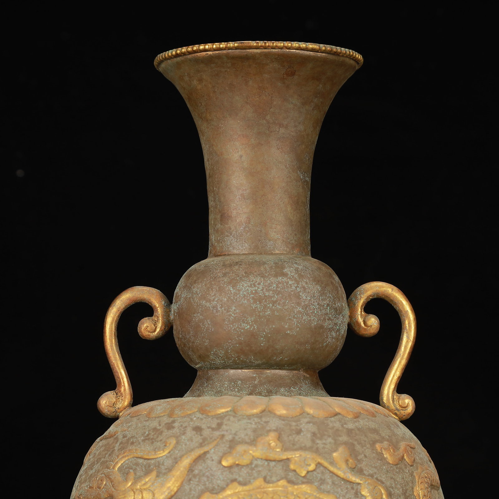 An Exquisite Gilt Bronze Auspicious Cloud and Dragon Pattern Double-Ears Vase - 2