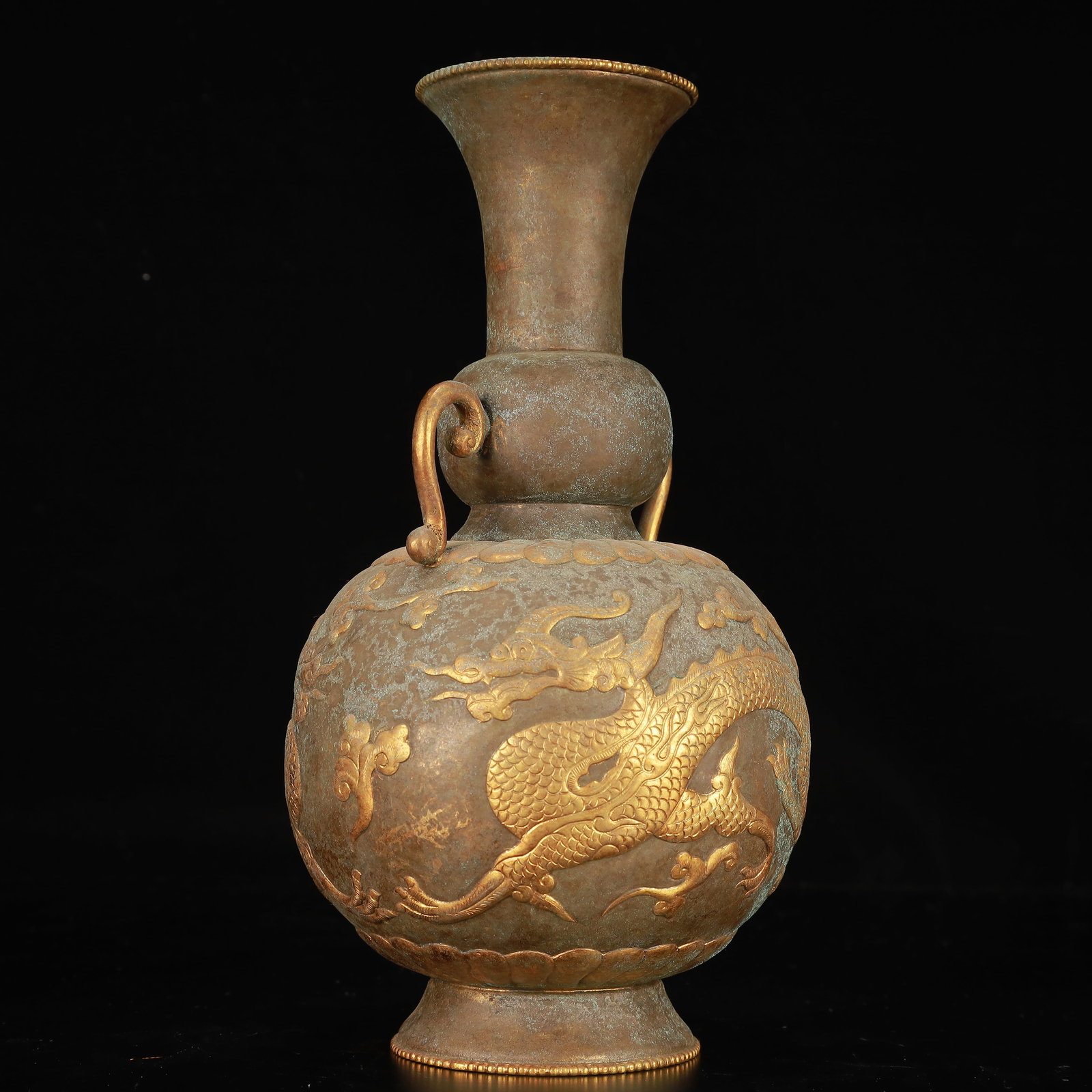 An Exquisite Gilt Bronze Auspicious Cloud and Dragon Pattern Double-Ears Vase - 4