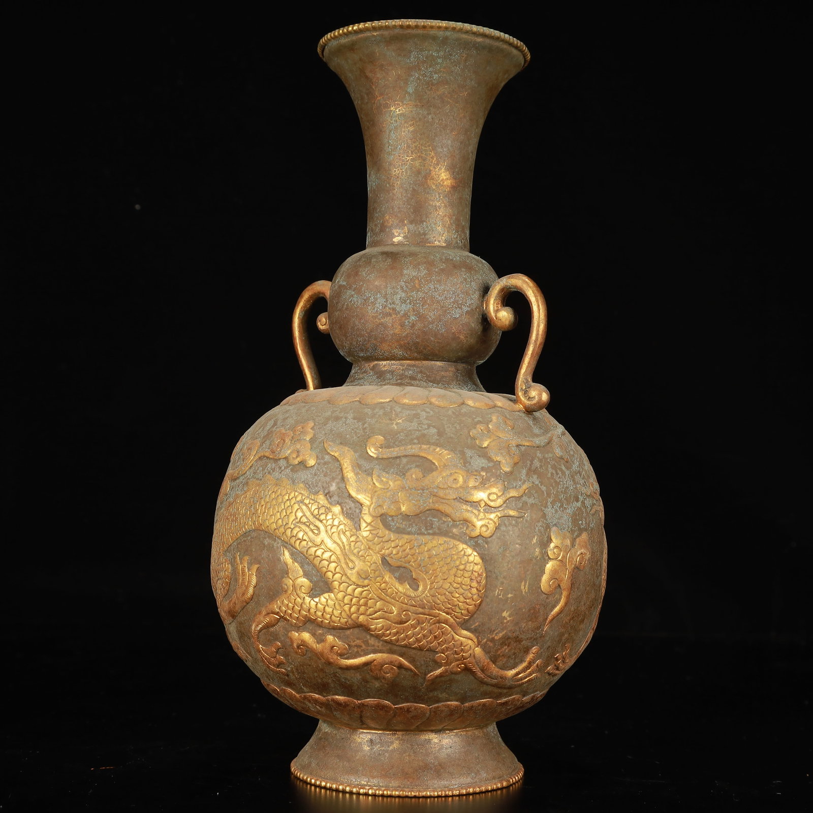 An Exquisite Gilt Bronze Auspicious Cloud and Dragon Pattern Double-Ears Vase - 8
