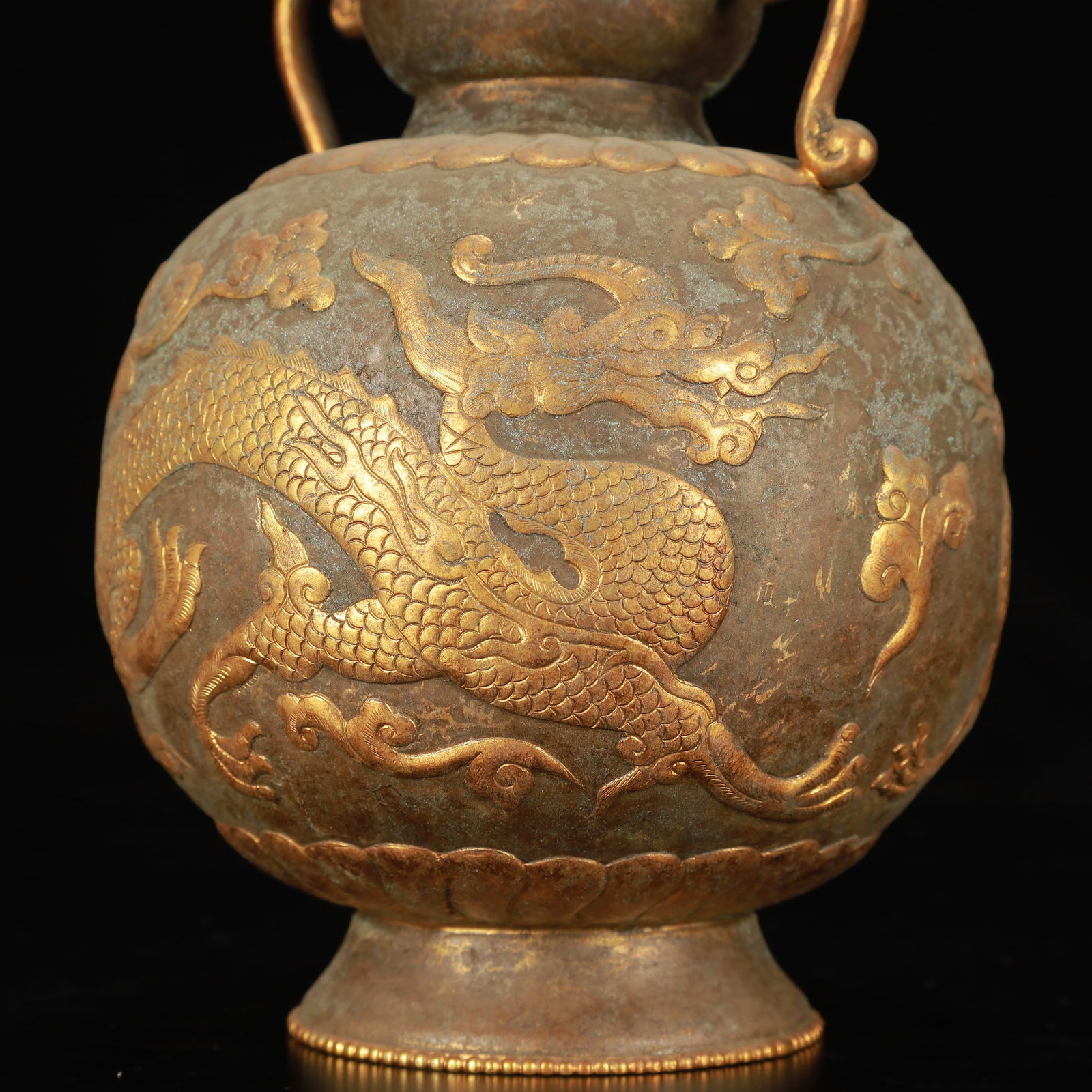 An Exquisite Gilt Bronze Auspicious Cloud and Dragon Pattern Double-Ears Vase - 9