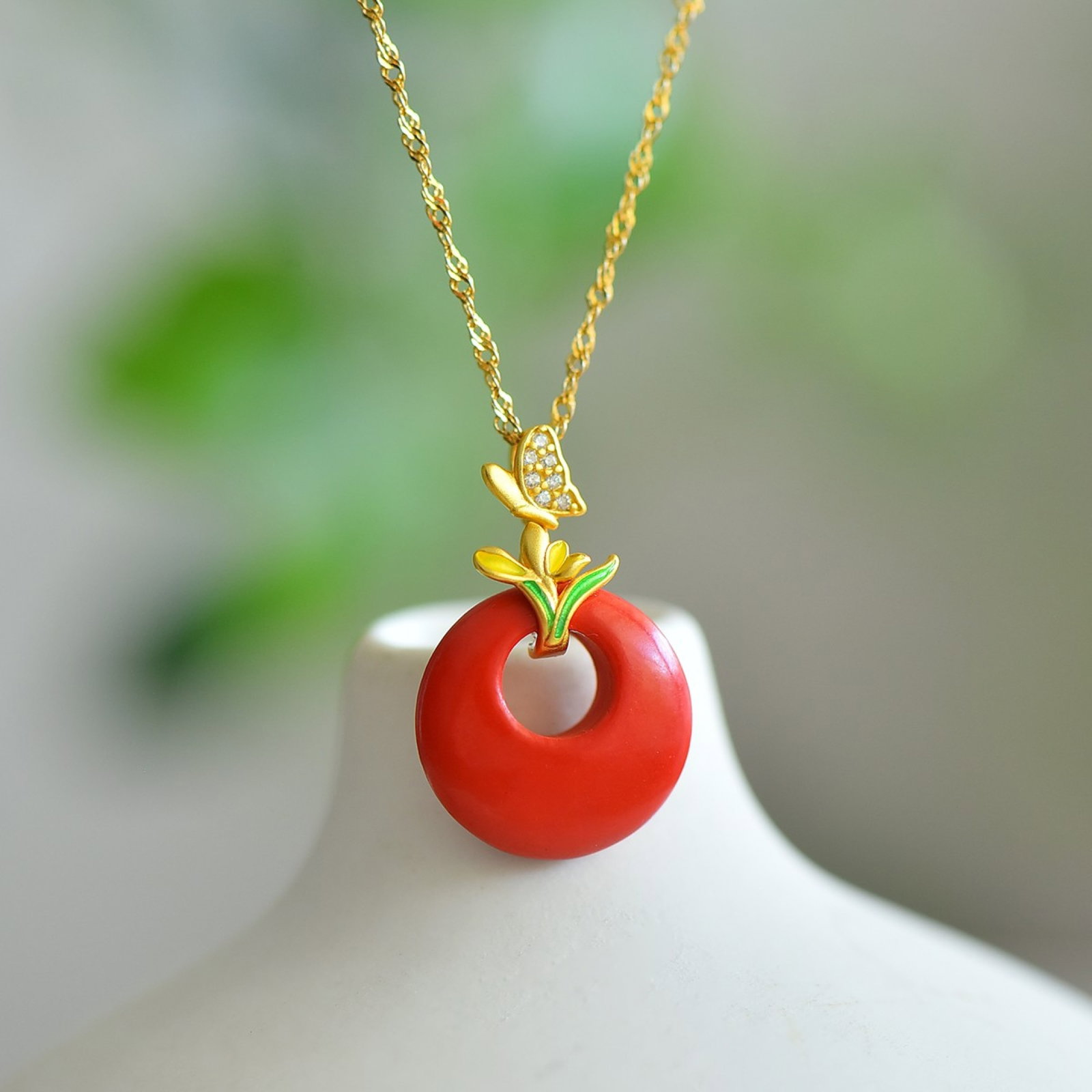 An Exquisite Sterling Silver-Gold Plated Inlaid Cinnabar Pendant - 4