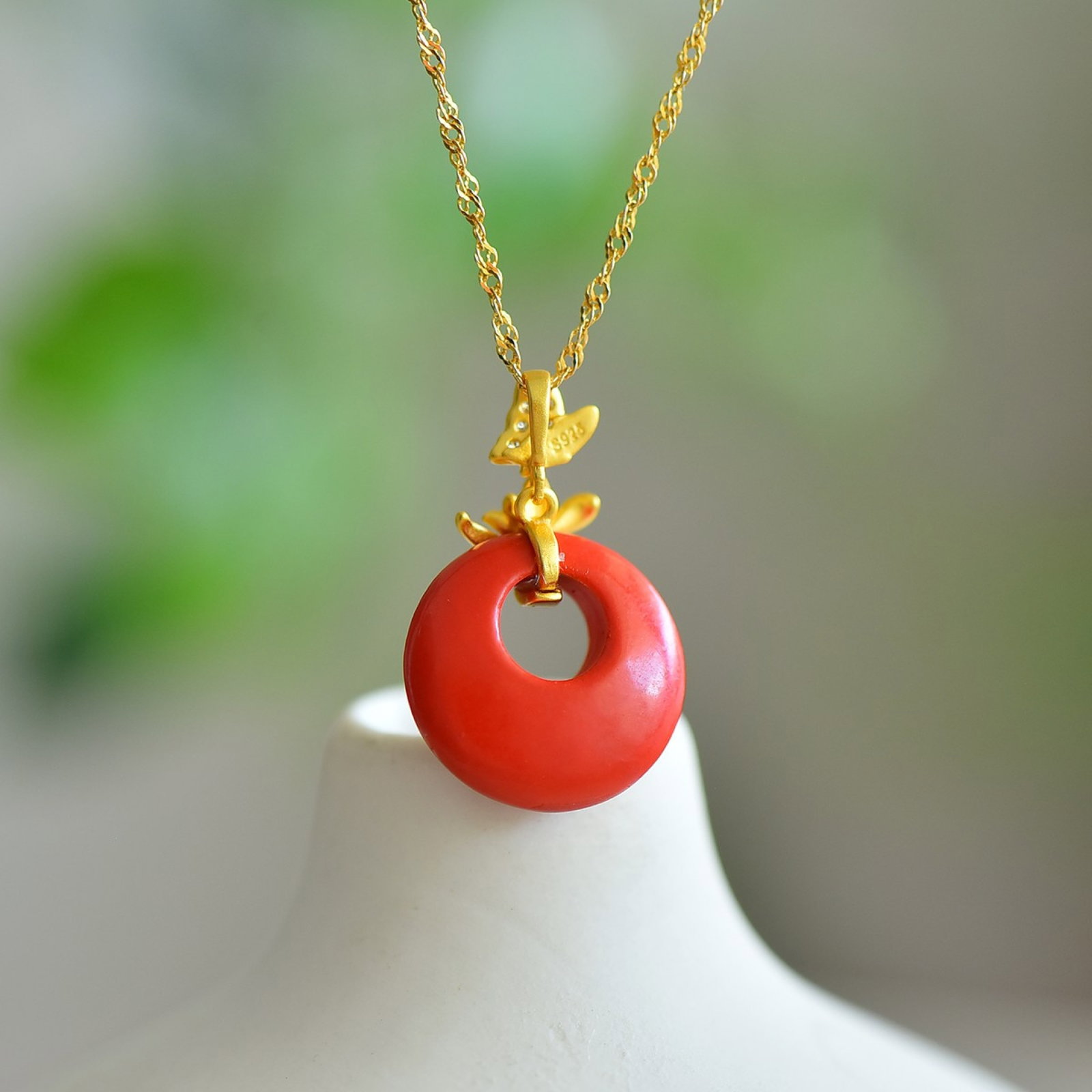 An Exquisite Sterling Silver-Gold Plated Inlaid Cinnabar Pendant - 5