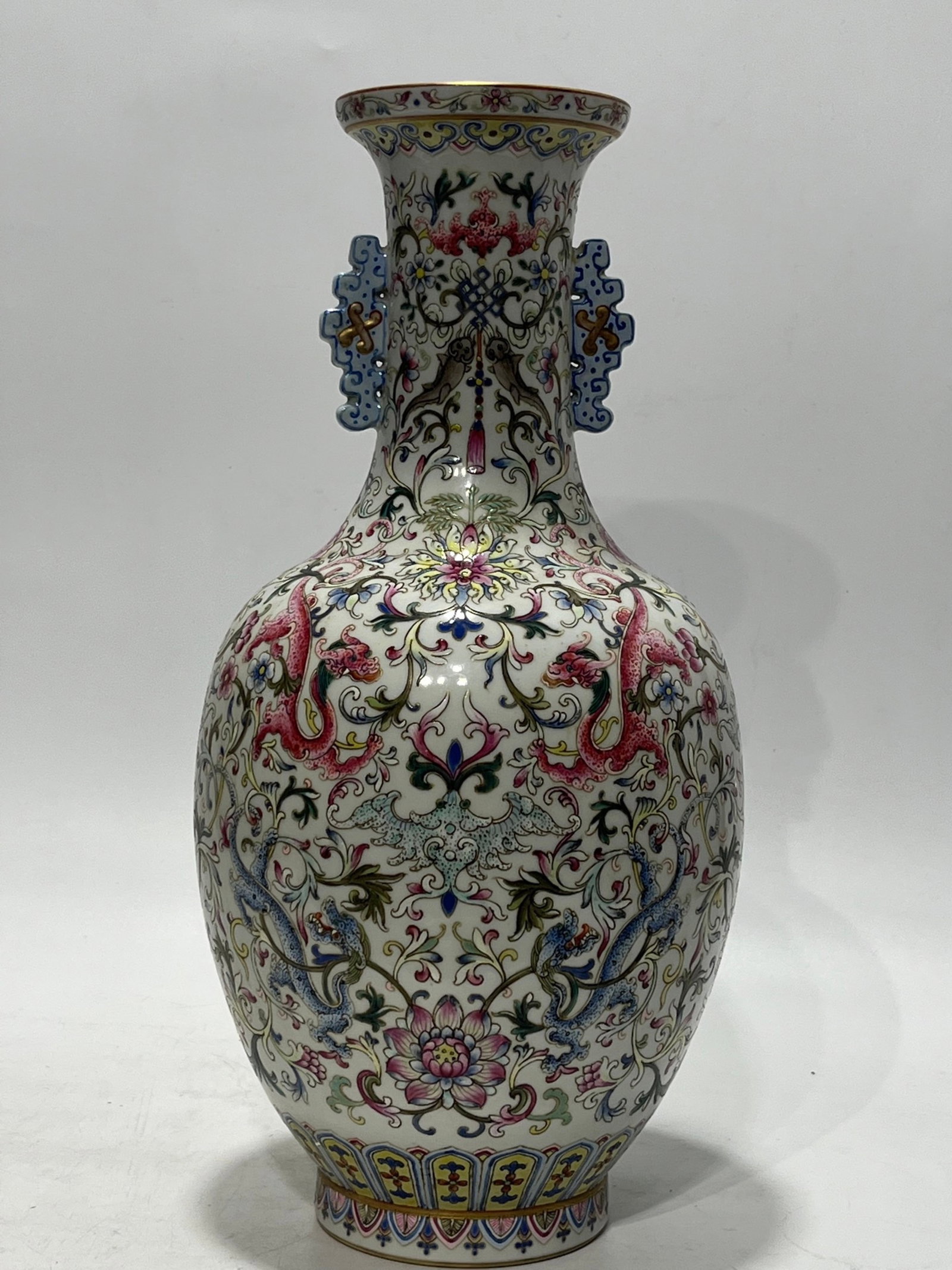 A Rare Famille-Rose Painted Gold Lotus and Dragon Pattern Double-Ears Vase - 11