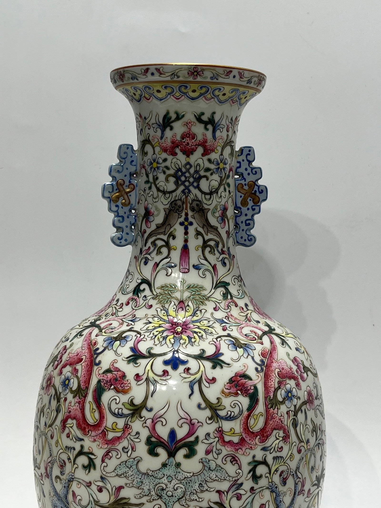 A Rare Famille-Rose Painted Gold Lotus and Dragon Pattern Double-Ears Vase - 2