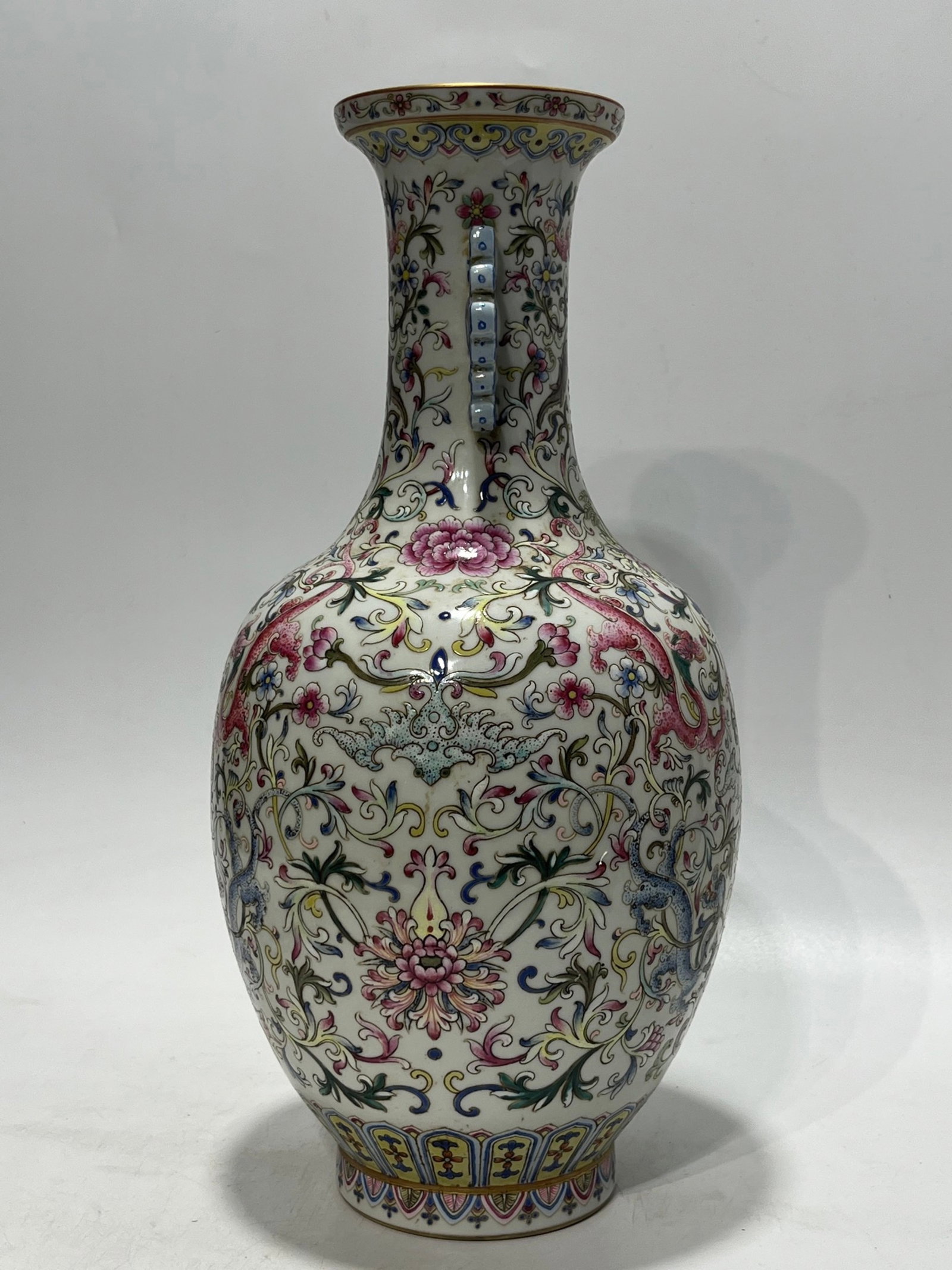 A Rare Famille-Rose Painted Gold Lotus and Dragon Pattern Double-Ears Vase - 3