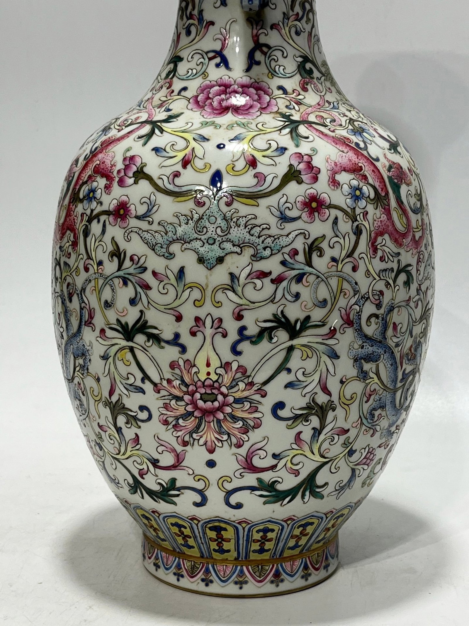 A Rare Famille-Rose Painted Gold Lotus and Dragon Pattern Double-Ears Vase - 4