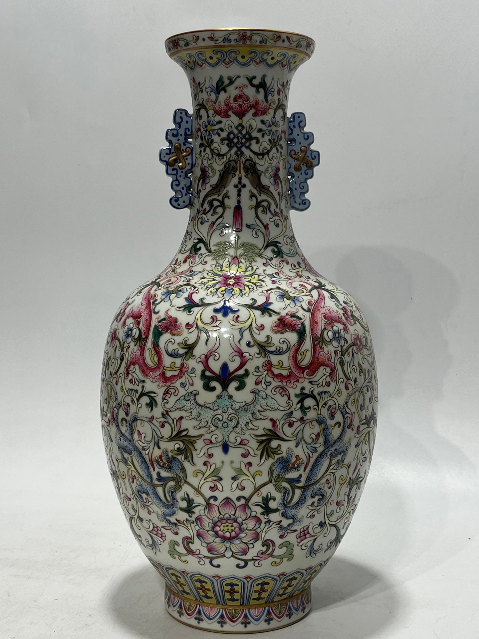 A Rare Famille-Rose Painted Gold Lotus and Dragon Pattern Double-Ears Vase - 5