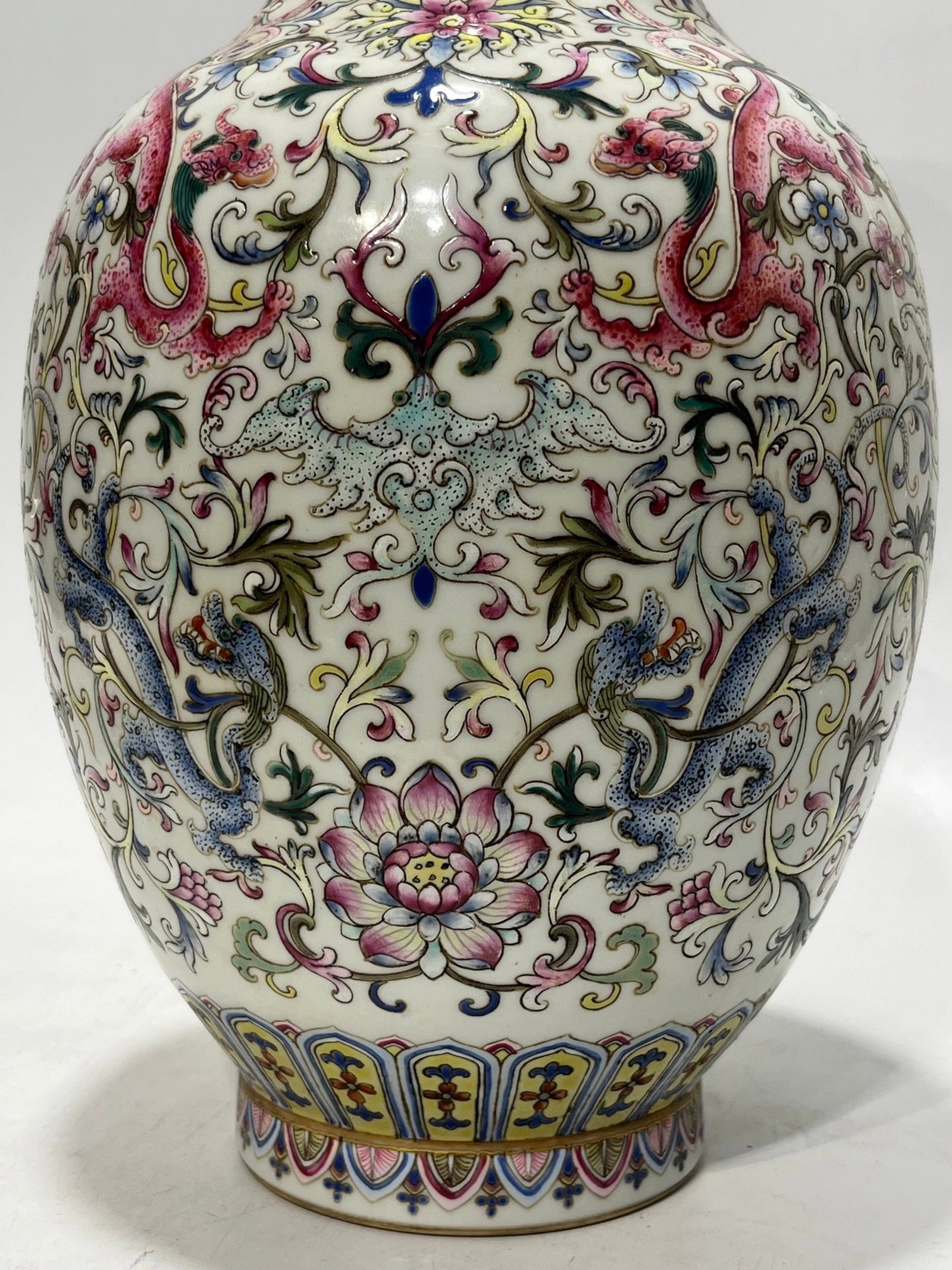 A Rare Famille-Rose Painted Gold Lotus and Dragon Pattern Double-Ears Vase - 6
