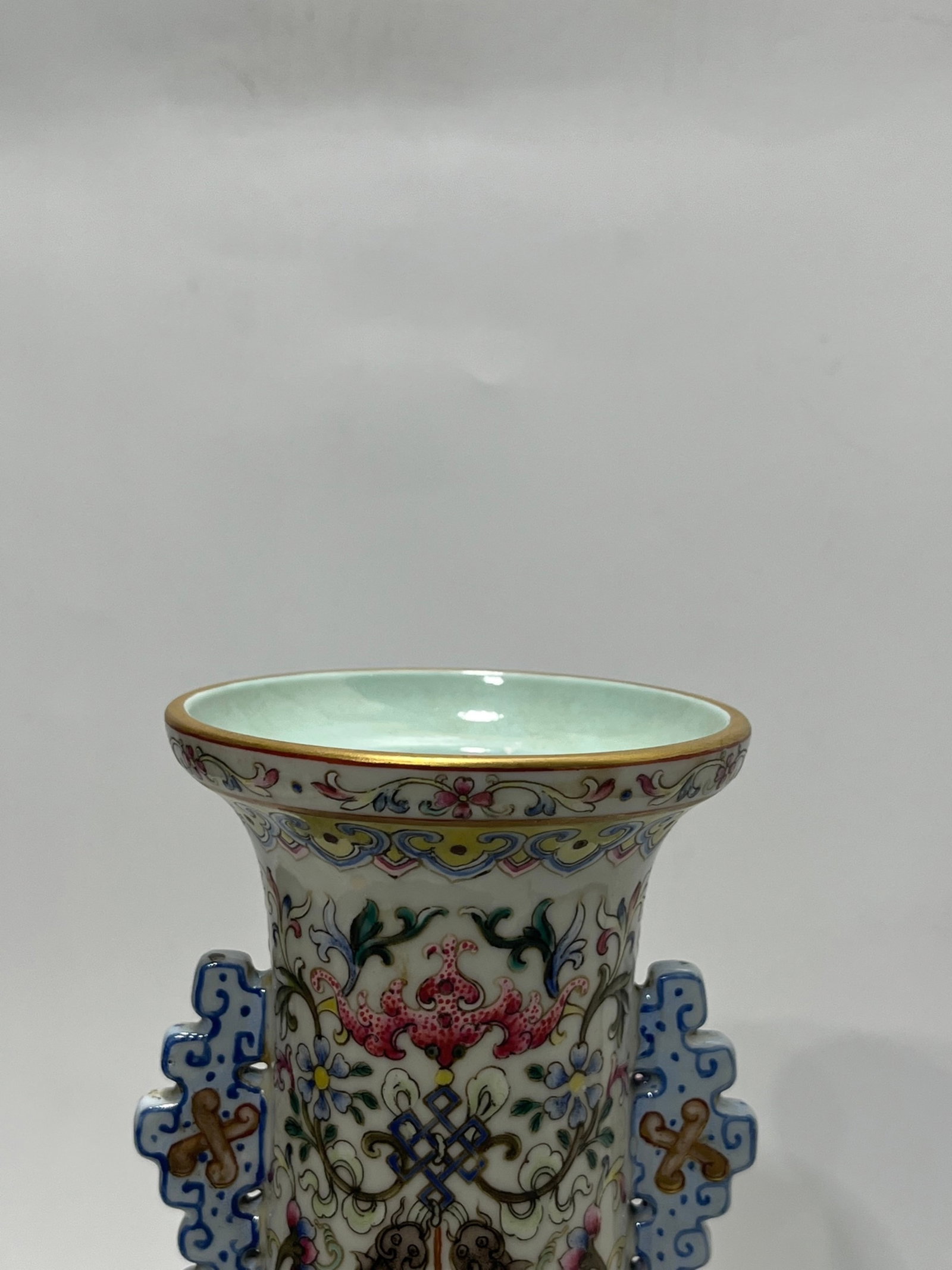 A Rare Famille-Rose Painted Gold Lotus and Dragon Pattern Double-Ears Vase - 7