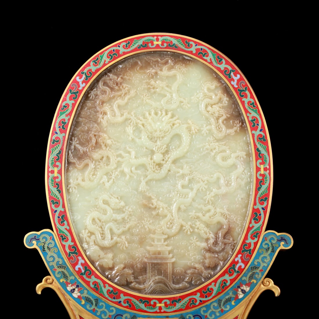 A Perfect Cloisonne Inlaid White Jade Dragon Pattern Table Screen - 2