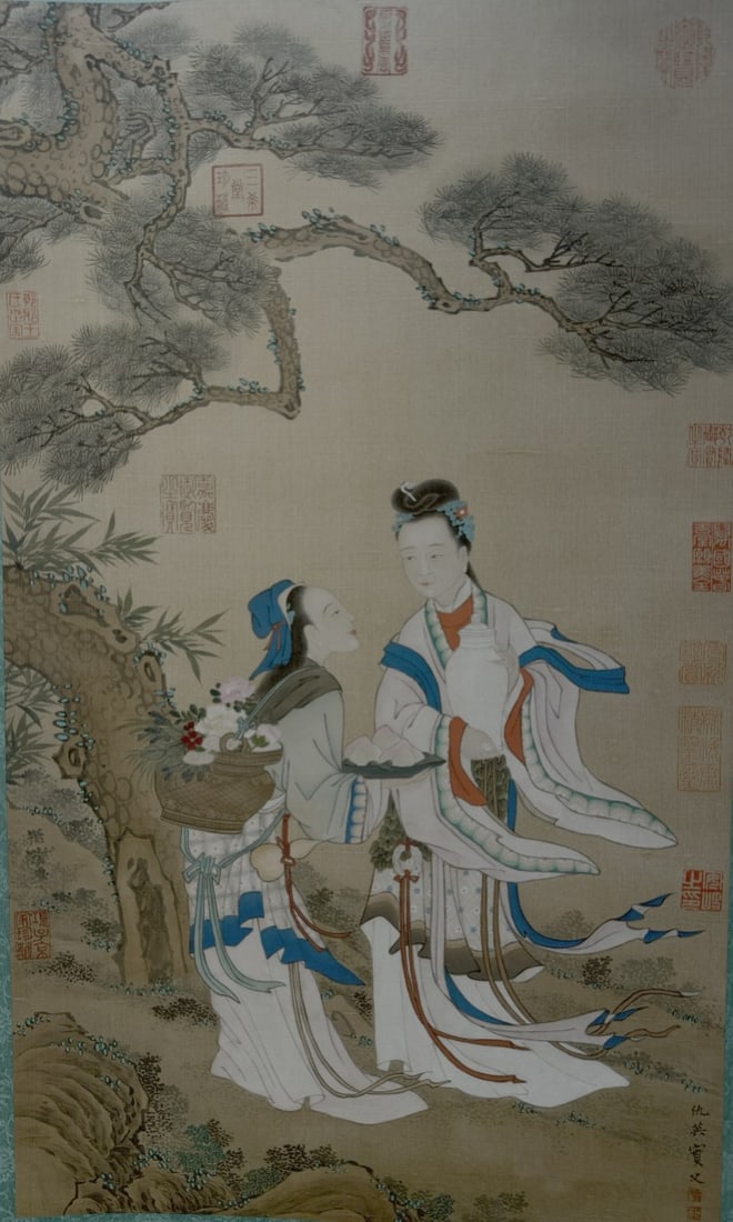 A Chinese Vertical Scroll Ink Painting of Figure on Silk,Chou Ying - 2
