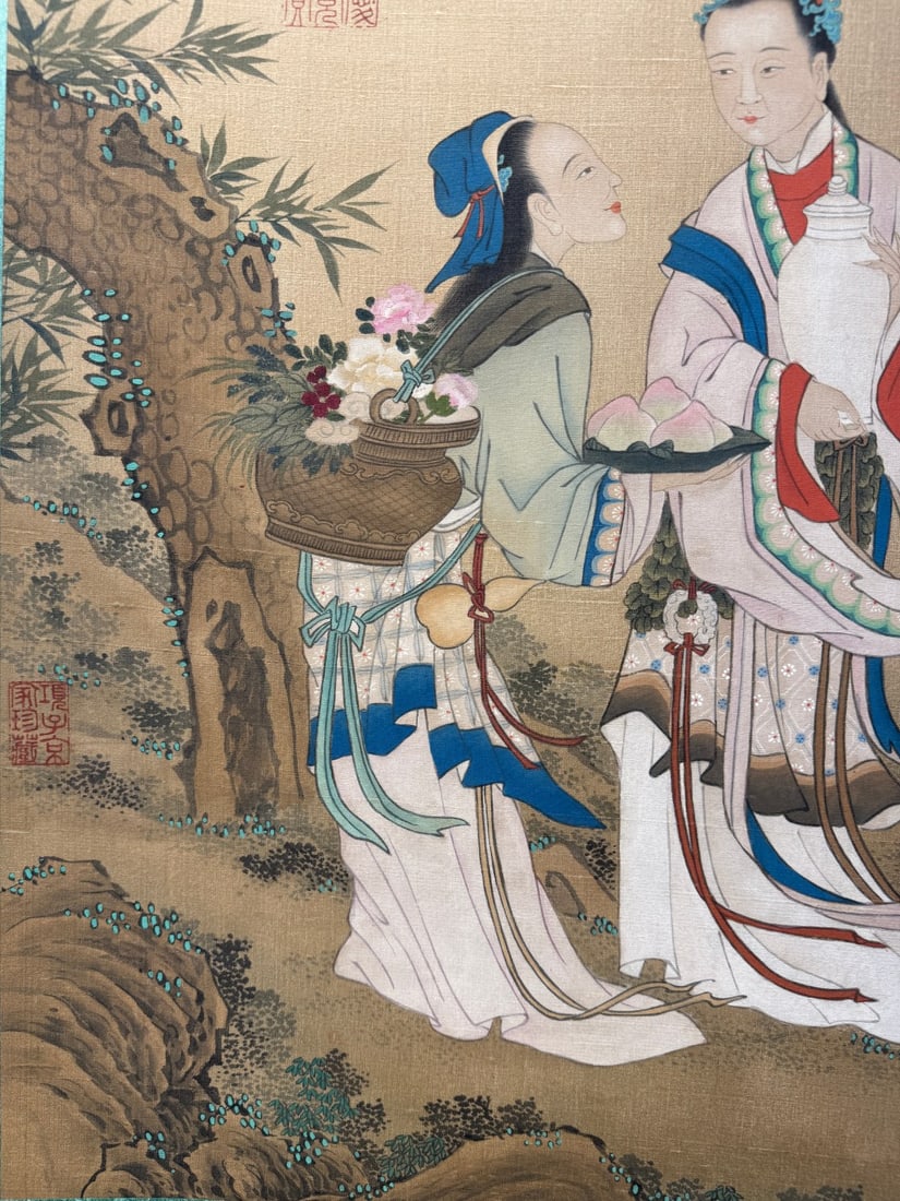 A Chinese Vertical Scroll Ink Painting of Figure on Silk,Chou Ying - 6