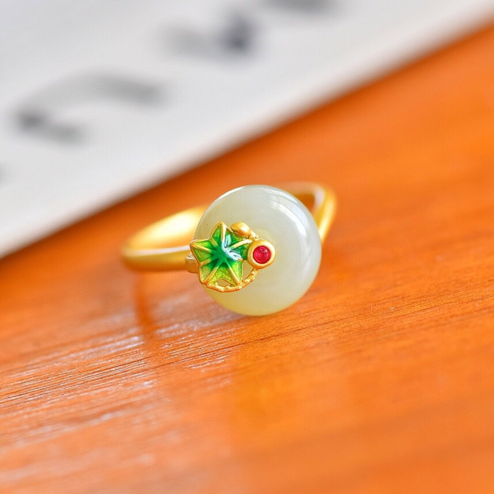 An Exquisite Sterling Silver-Gold Plated Inlaid White Jade Ring - 2