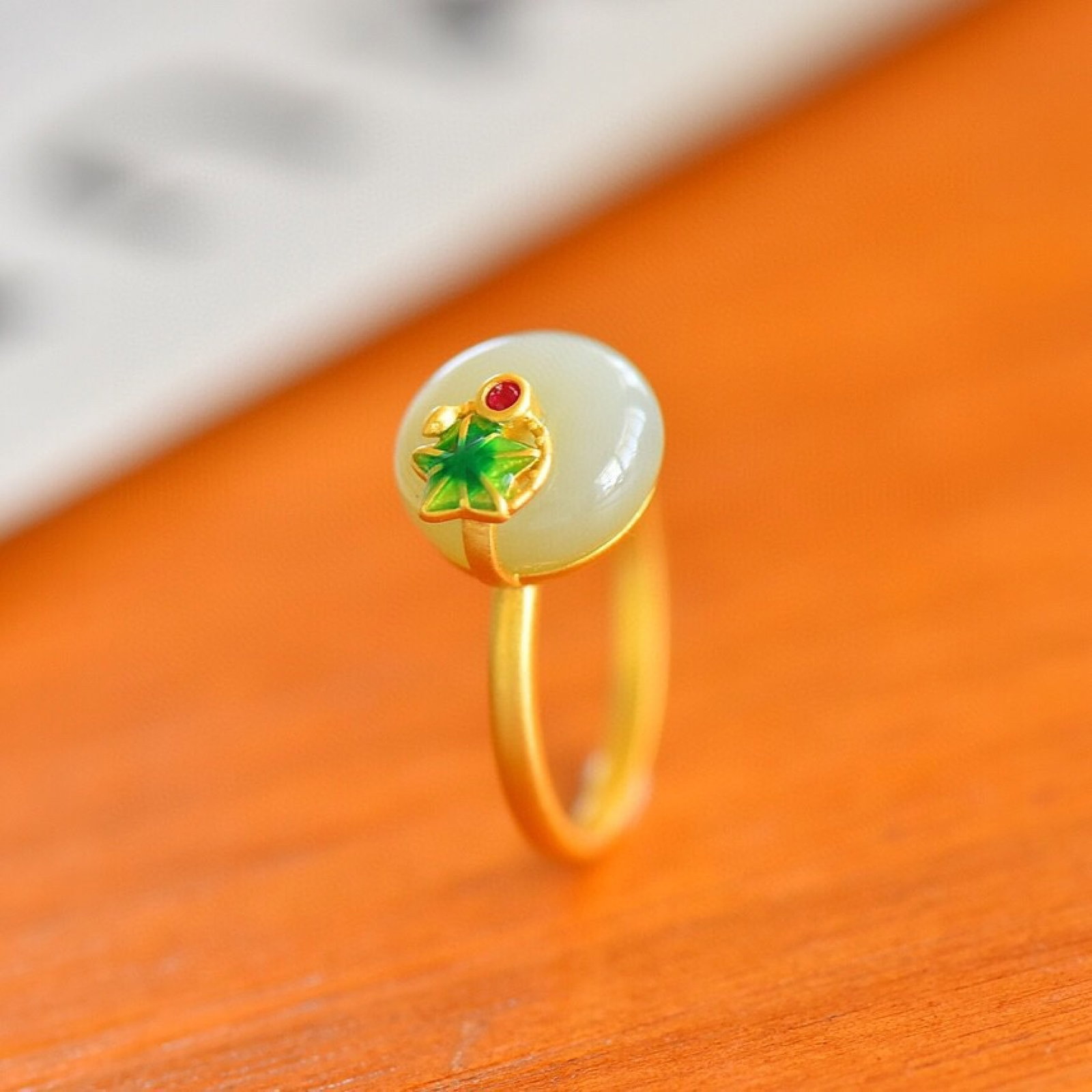 An Exquisite Sterling Silver-Gold Plated Inlaid White Jade Ring - 4