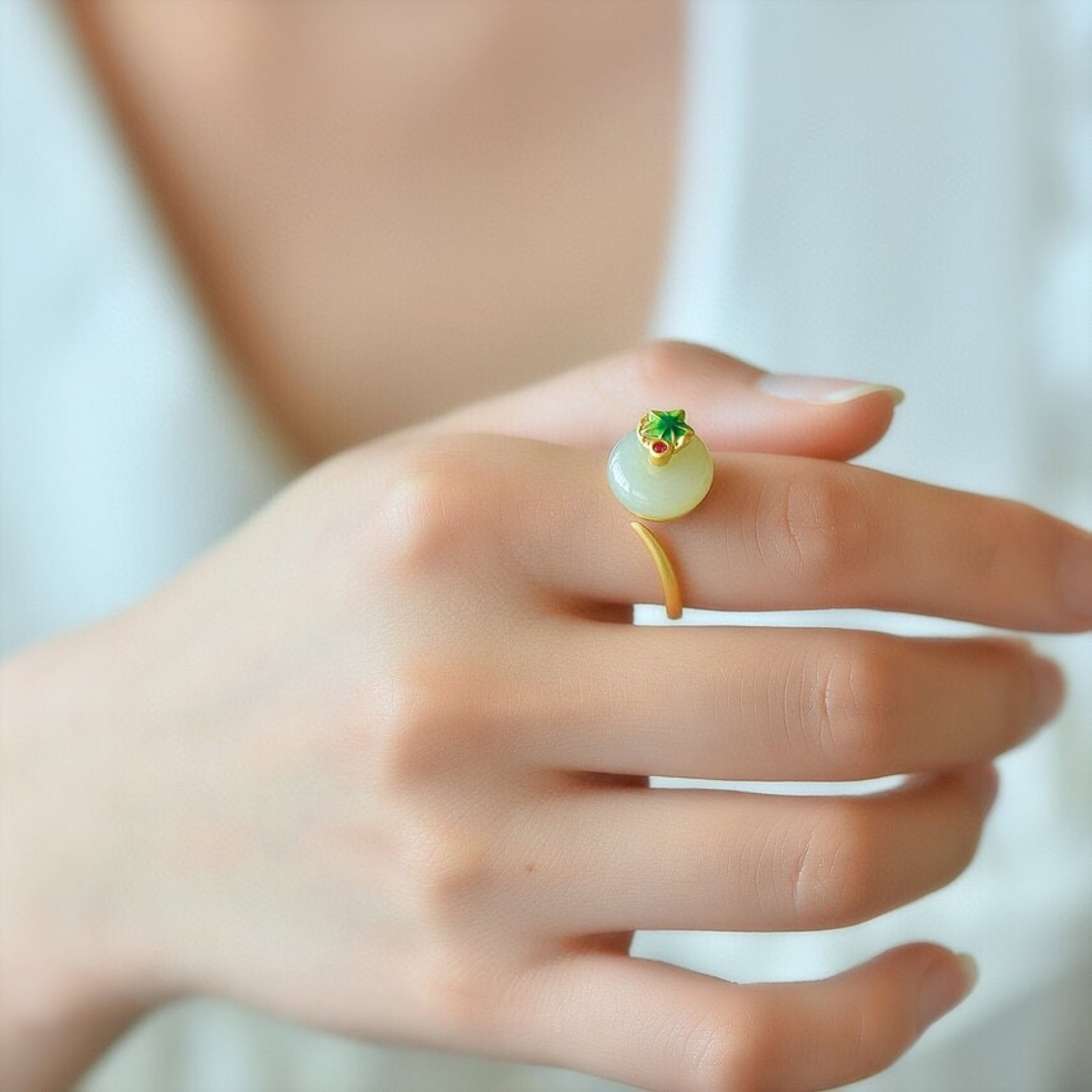 An Exquisite Sterling Silver-Gold Plated Inlaid White Jade Ring - 6