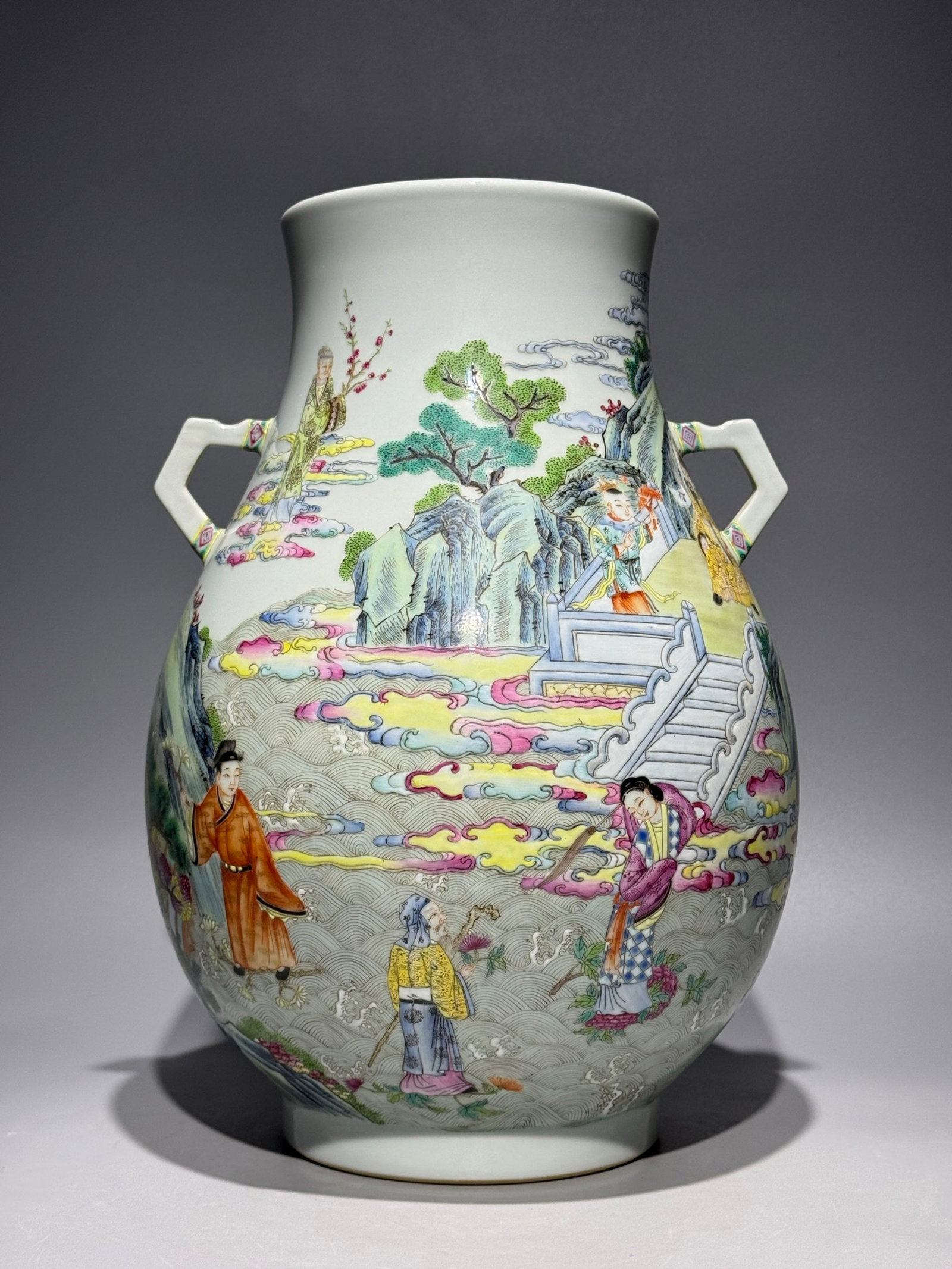 A Rare Famille-Rose Landscape and Figure Pattern Double-Ears Vase: Estimated Value:4000-8000 A Rare Famille-Rose Landscape and Figure Pattern Double-Ears Vase,Qing Dynasty,China,Qianlong Six-character Mark,Size:12.9inx9.1in