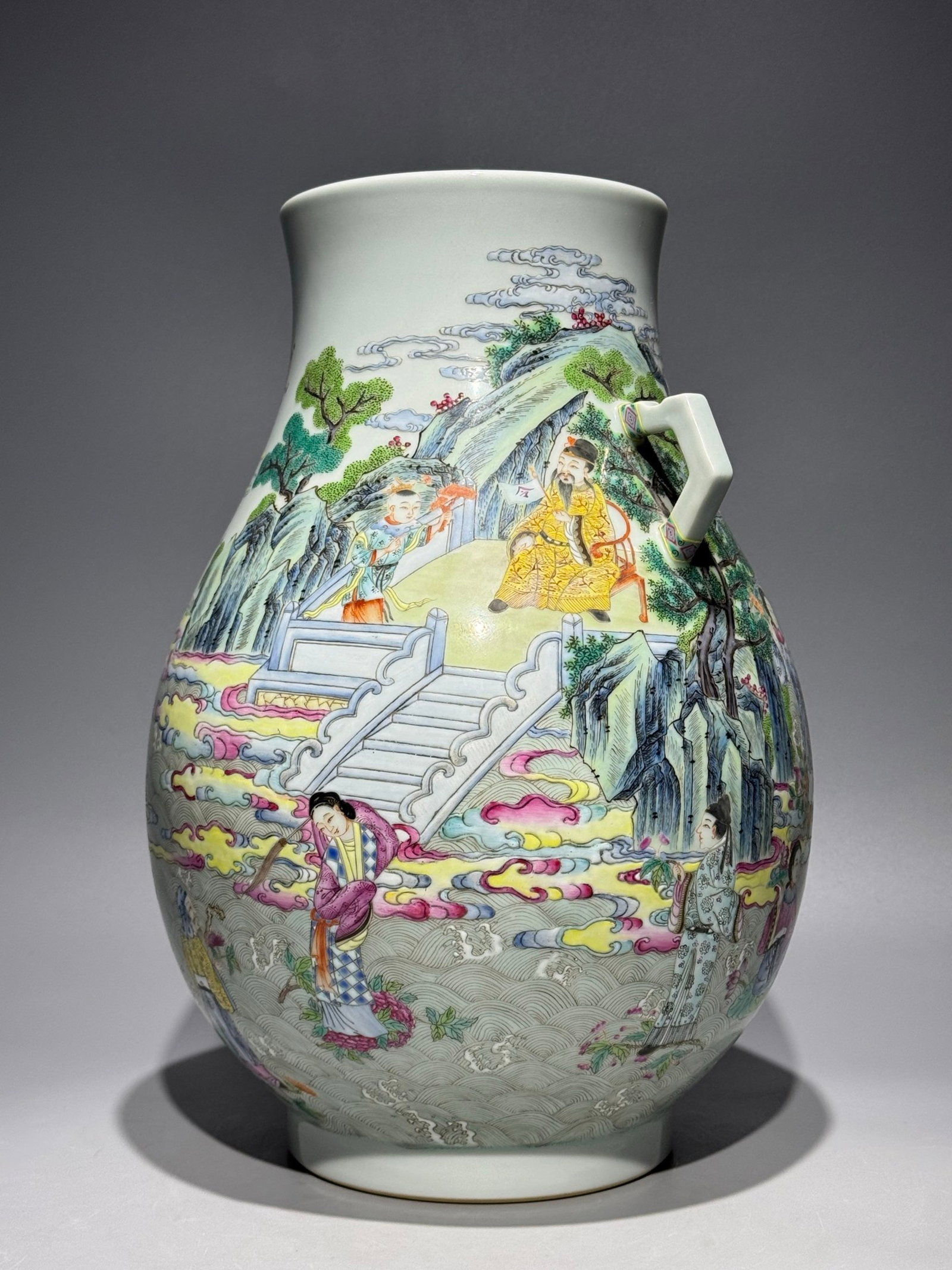 A Rare Famille-Rose Landscape and Figure Pattern Double-Ears Vase - 2