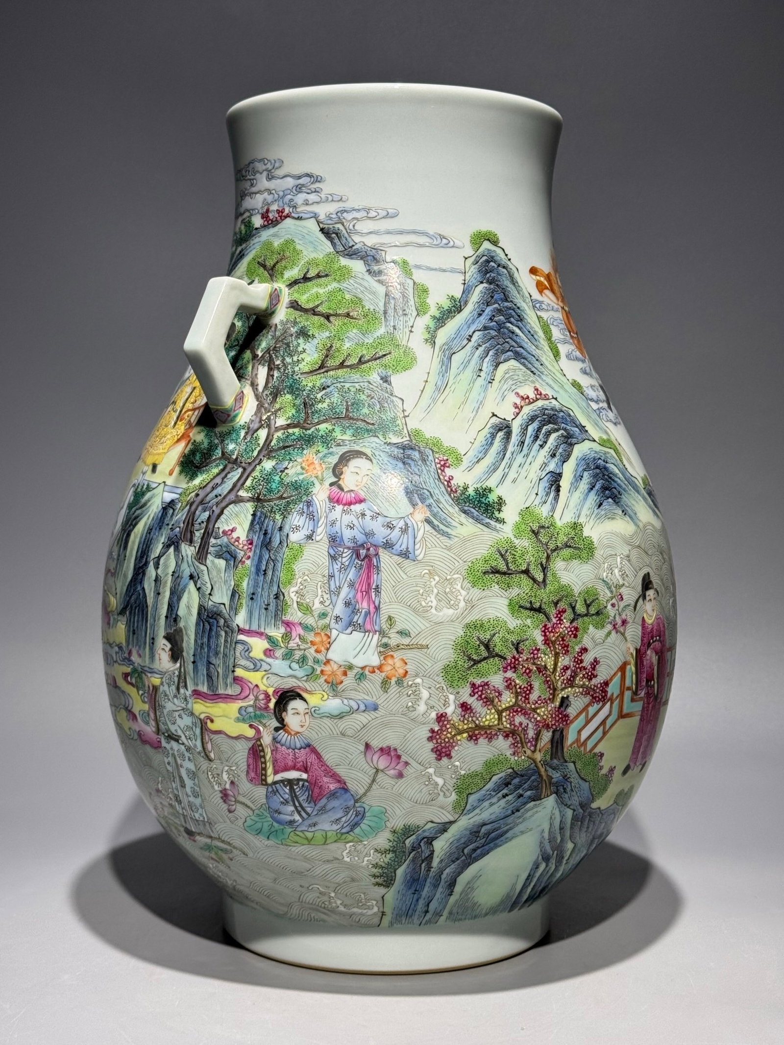 A Rare Famille-Rose Landscape and Figure Pattern Double-Ears Vase - 4