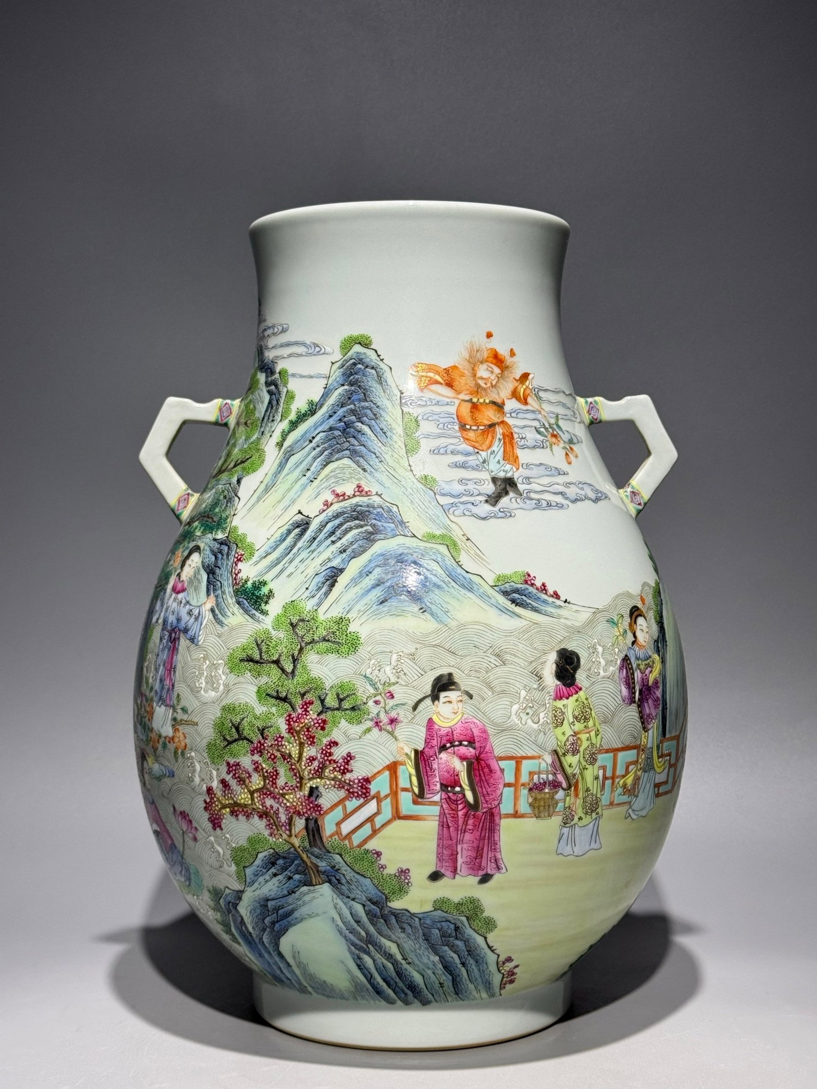 A Rare Famille-Rose Landscape and Figure Pattern Double-Ears Vase - 5