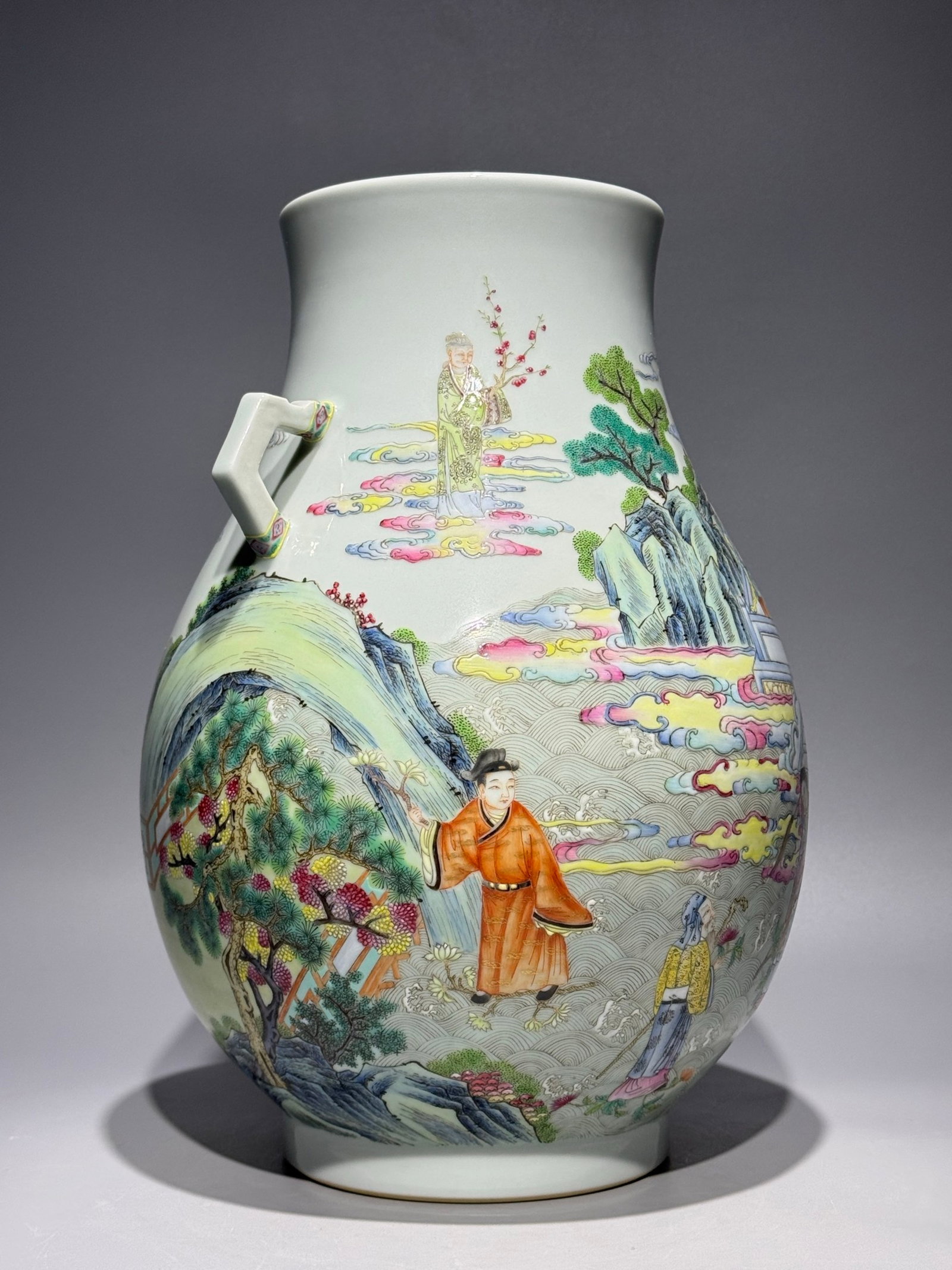 A Rare Famille-Rose Landscape and Figure Pattern Double-Ears Vase - 6