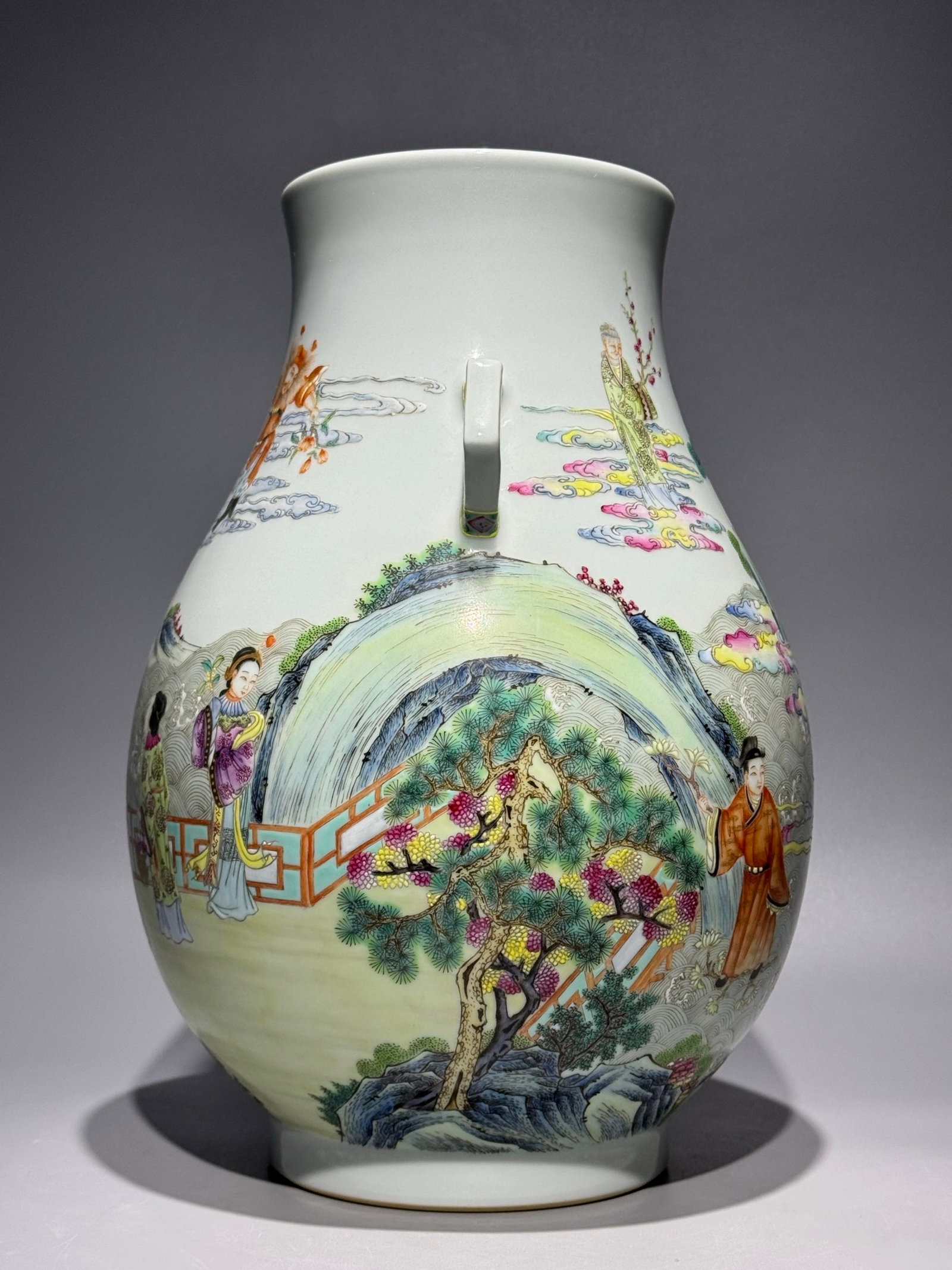 A Rare Famille-Rose Landscape and Figure Pattern Double-Ears Vase - 7