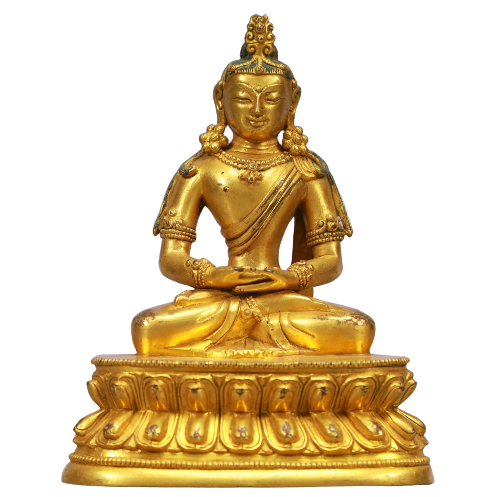 A Solemn Gilt Bronze Statue of Avalokitesvara: Estimated Value:5600-11200 A Solemn Gilt Bronze Statue of Avalokitesvara,Qing Dynasty, China,Size:4.1inx2.8inx5.5in,Weight:950g 铜鎏金观音像,中国清