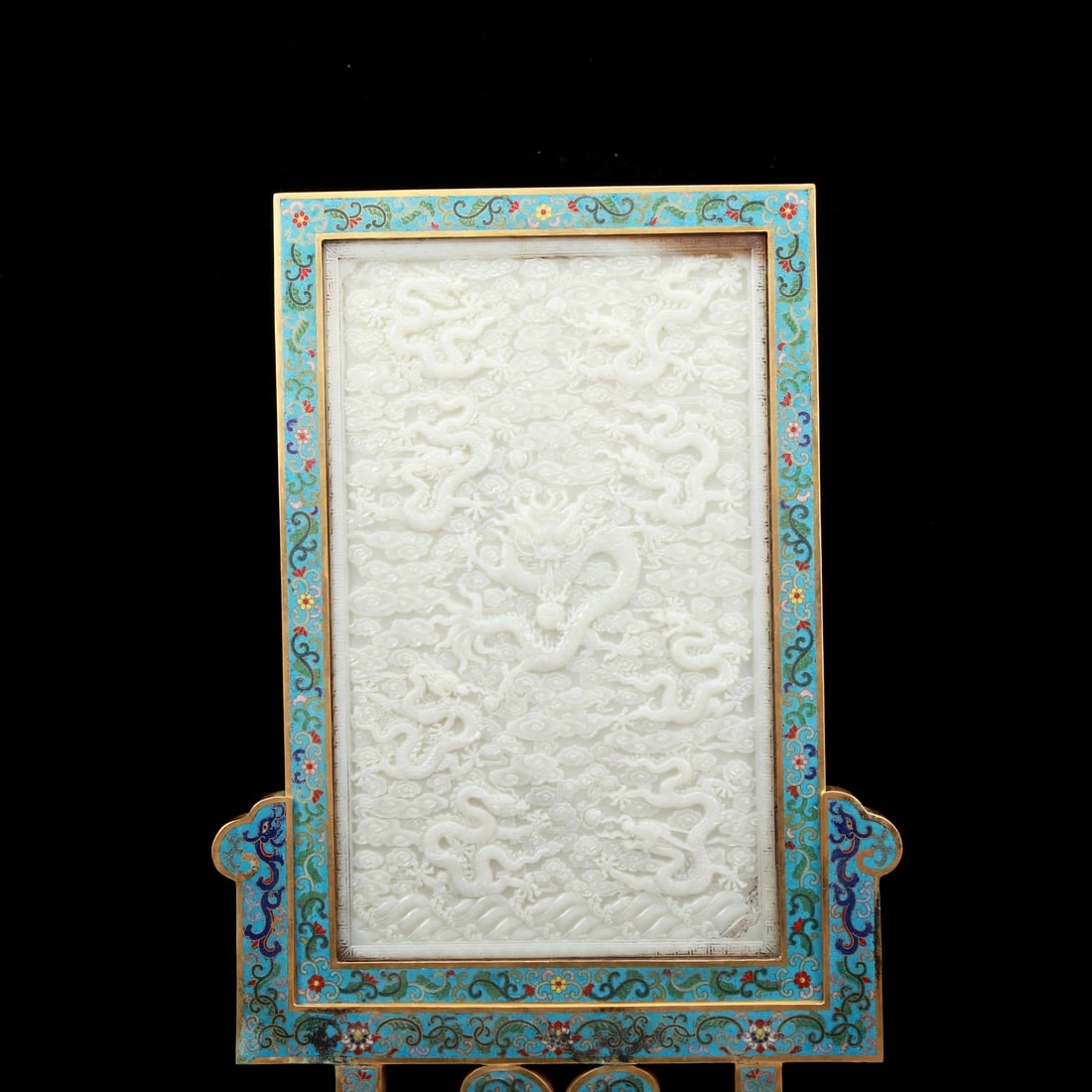 An Exquisite Cloisonne Inlaid White Jade Dragon Pattern Table Screen - 2