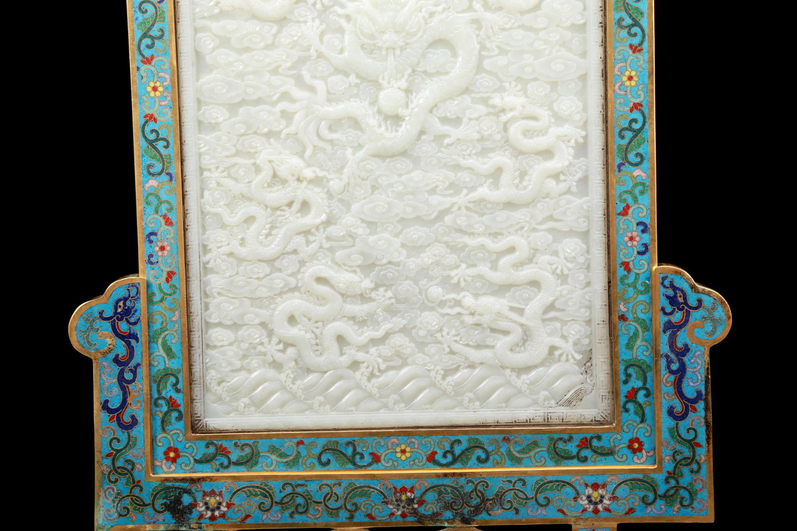 An Exquisite Cloisonne Inlaid White Jade Dragon Pattern Table Screen - 4