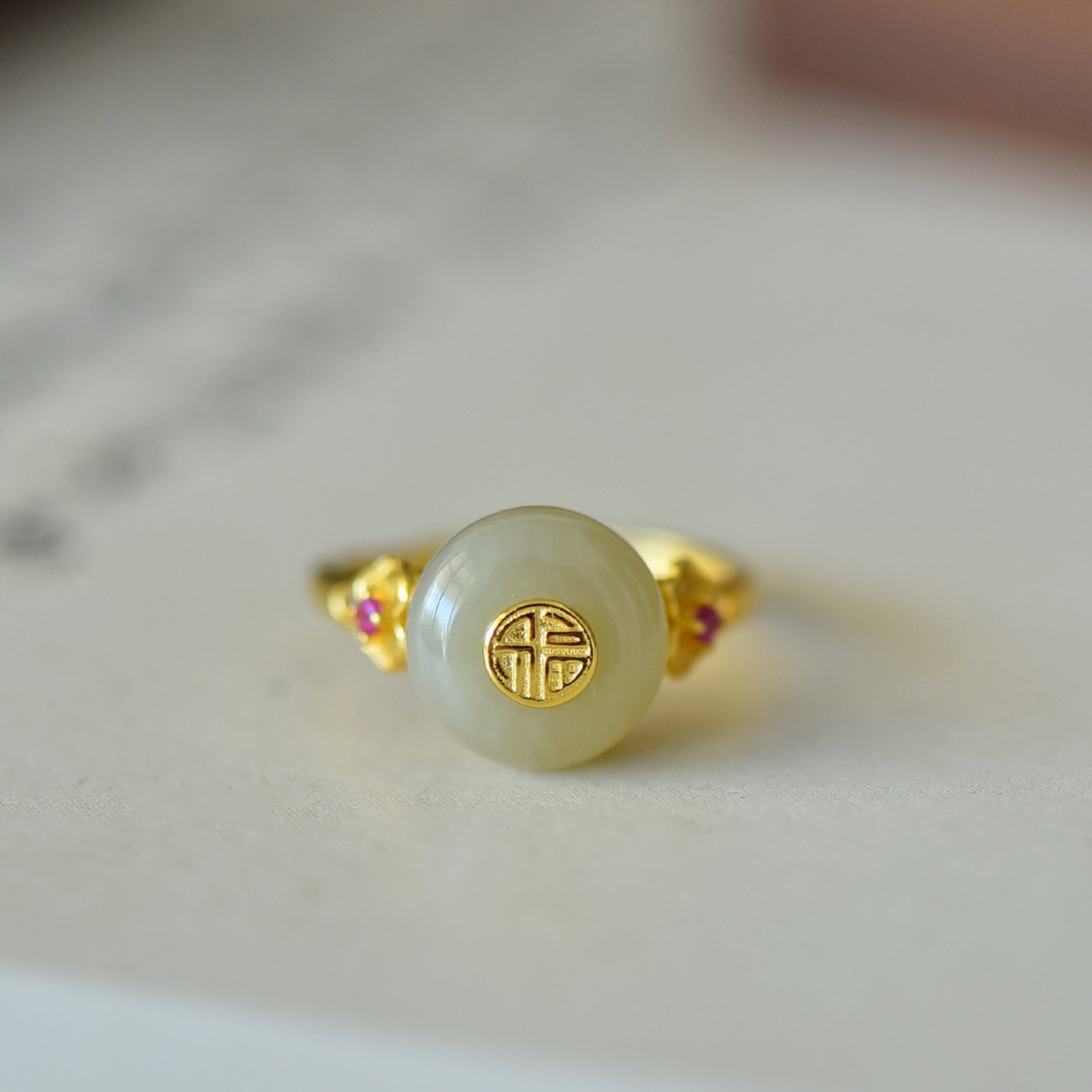 An Exquisite Sterling Silver-Gold Plated Inlaid White Jade Ring,Inlaid Gems - 3