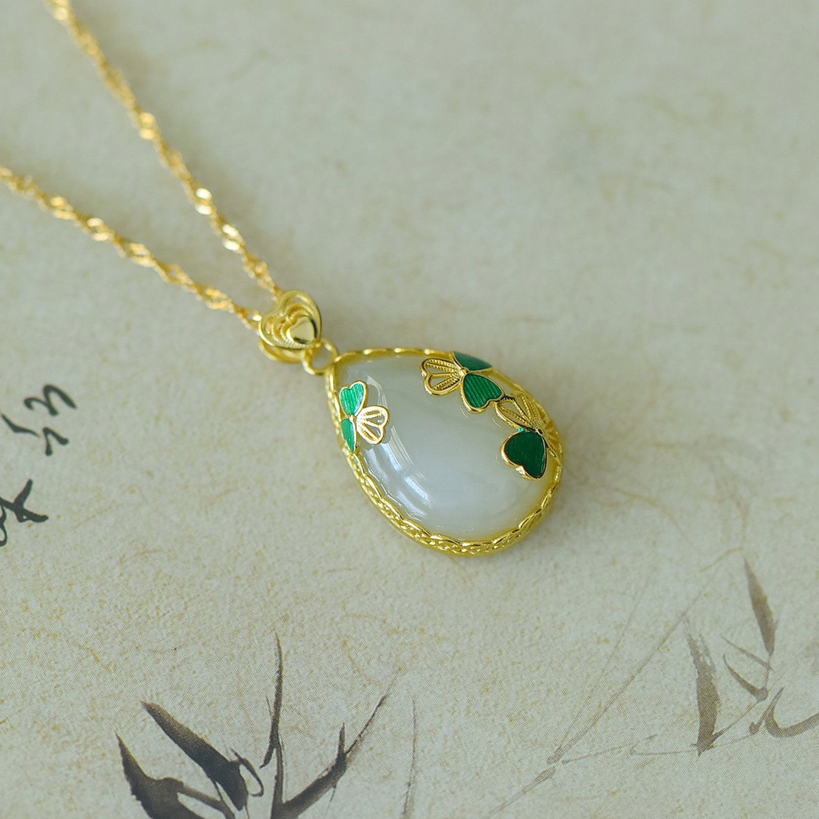An Exquisite Sterling Silver-Gold Plated Inlaid White Jade Pendant - 4