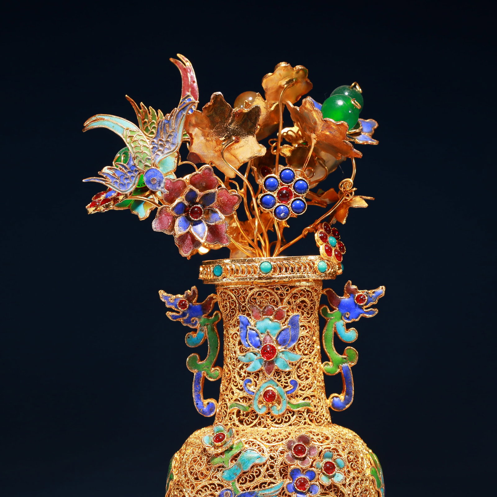 An Exquisite Filigree and Gilding Lotus Pattern Double-Ears Flower Vase,Inlaid Gems - 2
