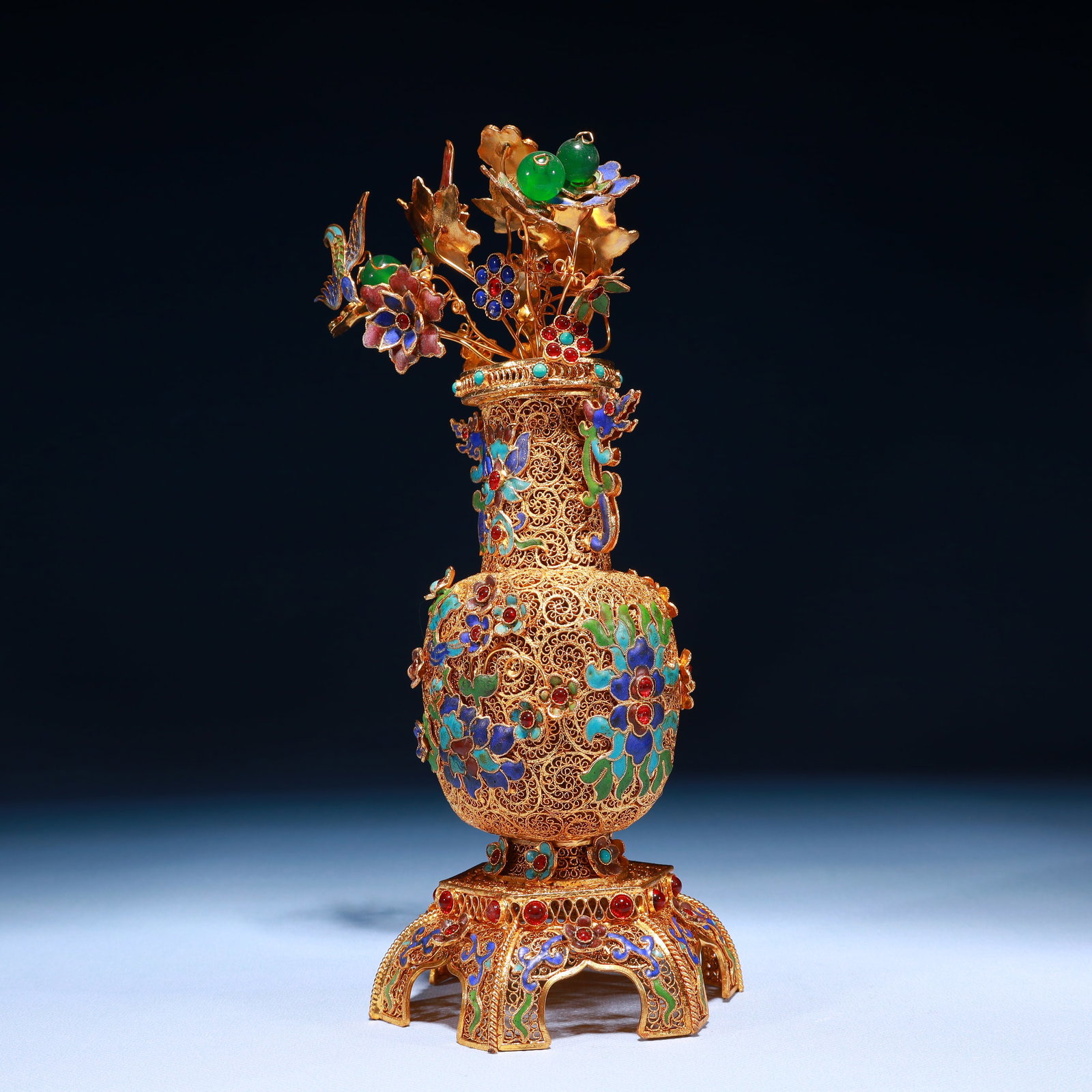An Exquisite Filigree and Gilding Lotus Pattern Double-Ears Flower Vase,Inlaid Gems - 4