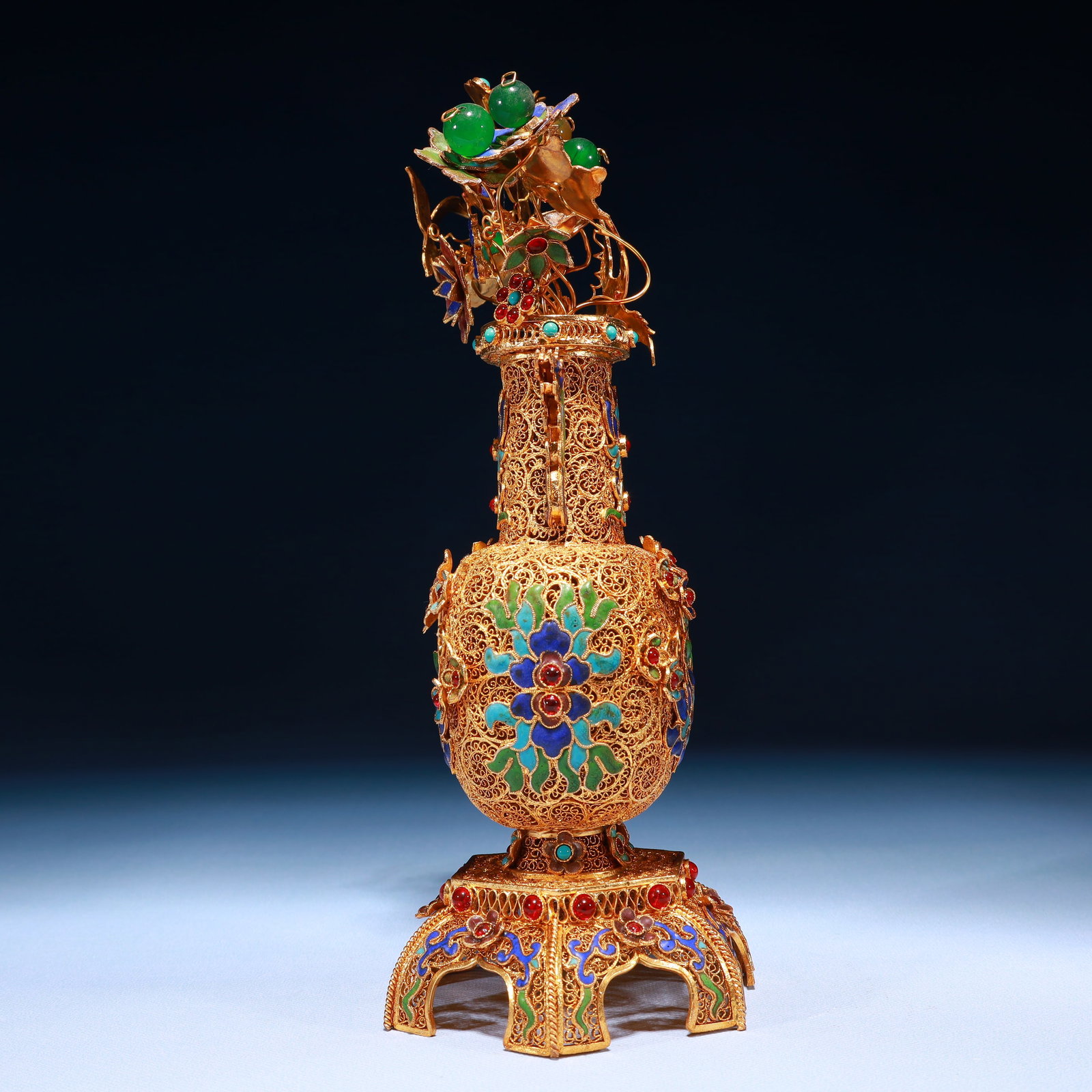 An Exquisite Filigree and Gilding Lotus Pattern Double-Ears Flower Vase,Inlaid Gems - 5