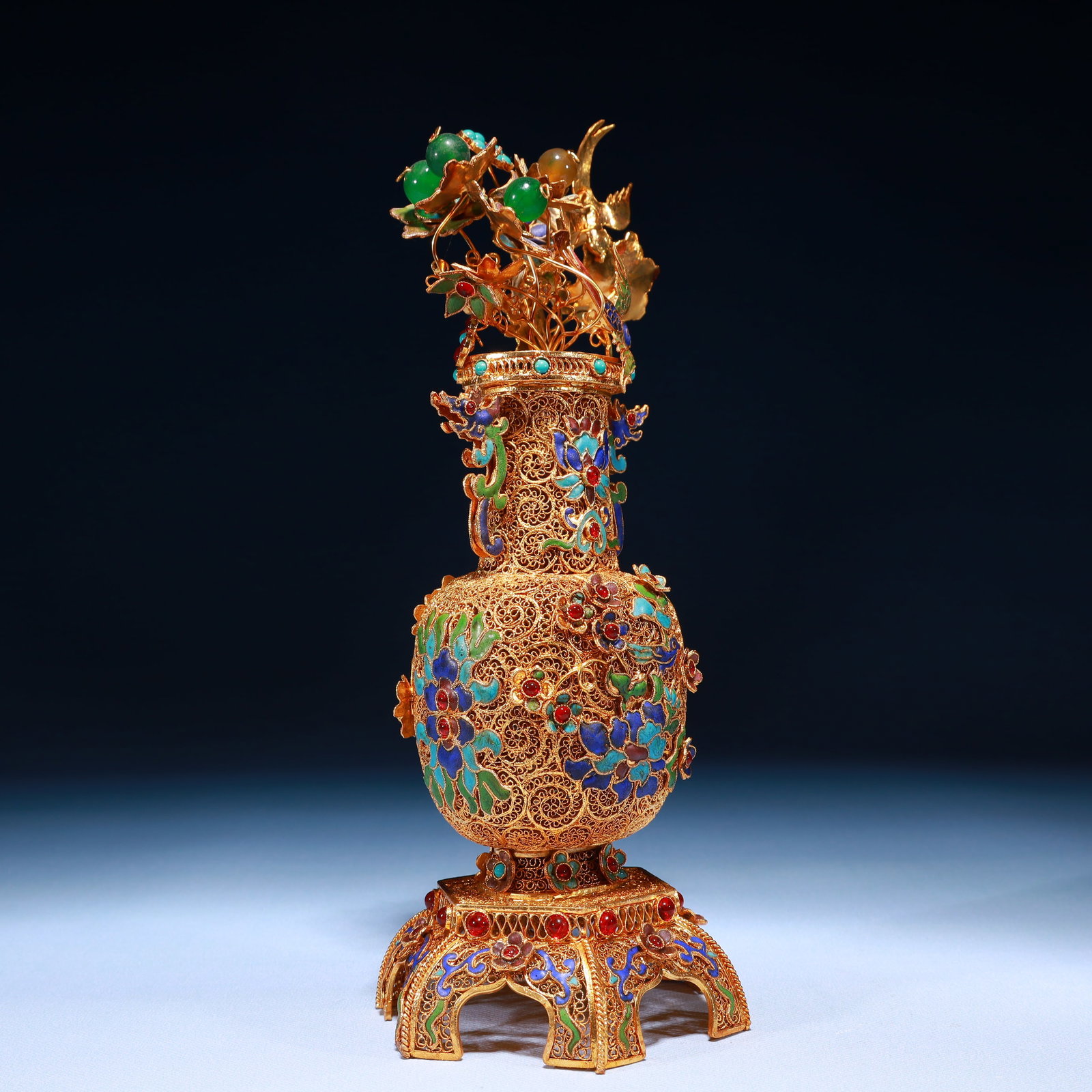 An Exquisite Filigree and Gilding Lotus Pattern Double-Ears Flower Vase,Inlaid Gems - 6