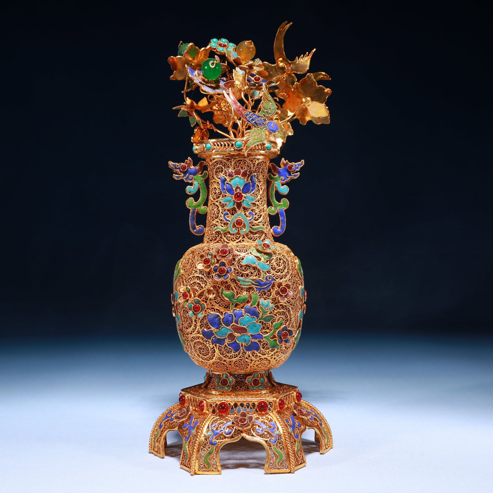 An Exquisite Filigree and Gilding Lotus Pattern Double-Ears Flower Vase,Inlaid Gems - 7