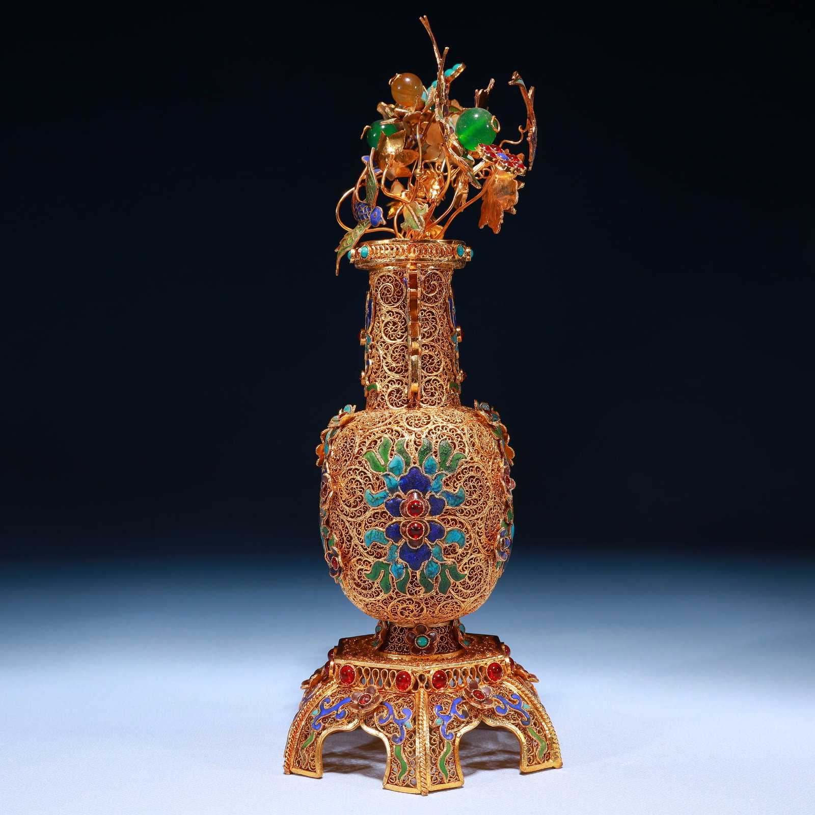 An Exquisite Filigree and Gilding Lotus Pattern Double-Ears Flower Vase,Inlaid Gems - 8