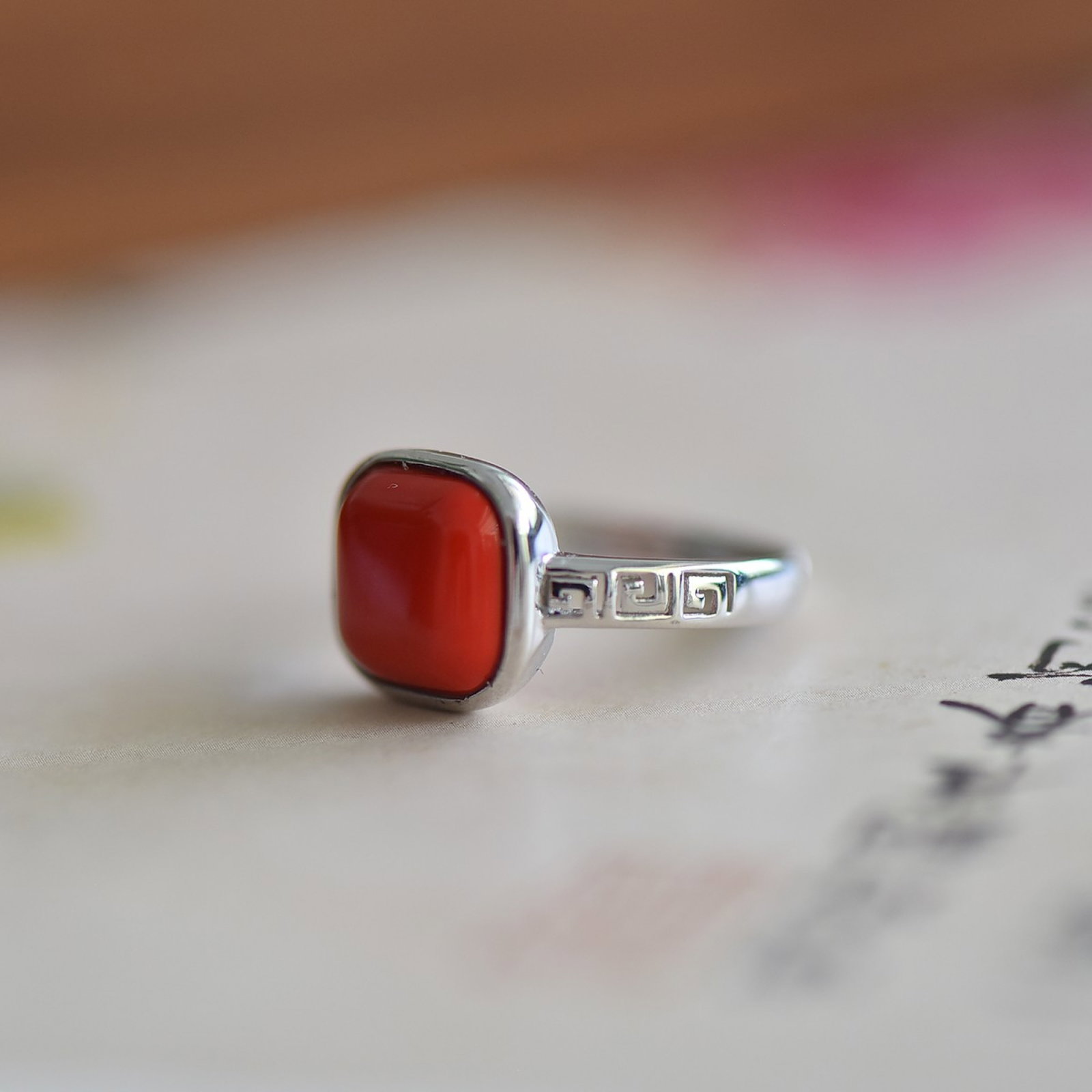 An Exquisite Sterling Silver Inlaid Cinnabar Ring - 4