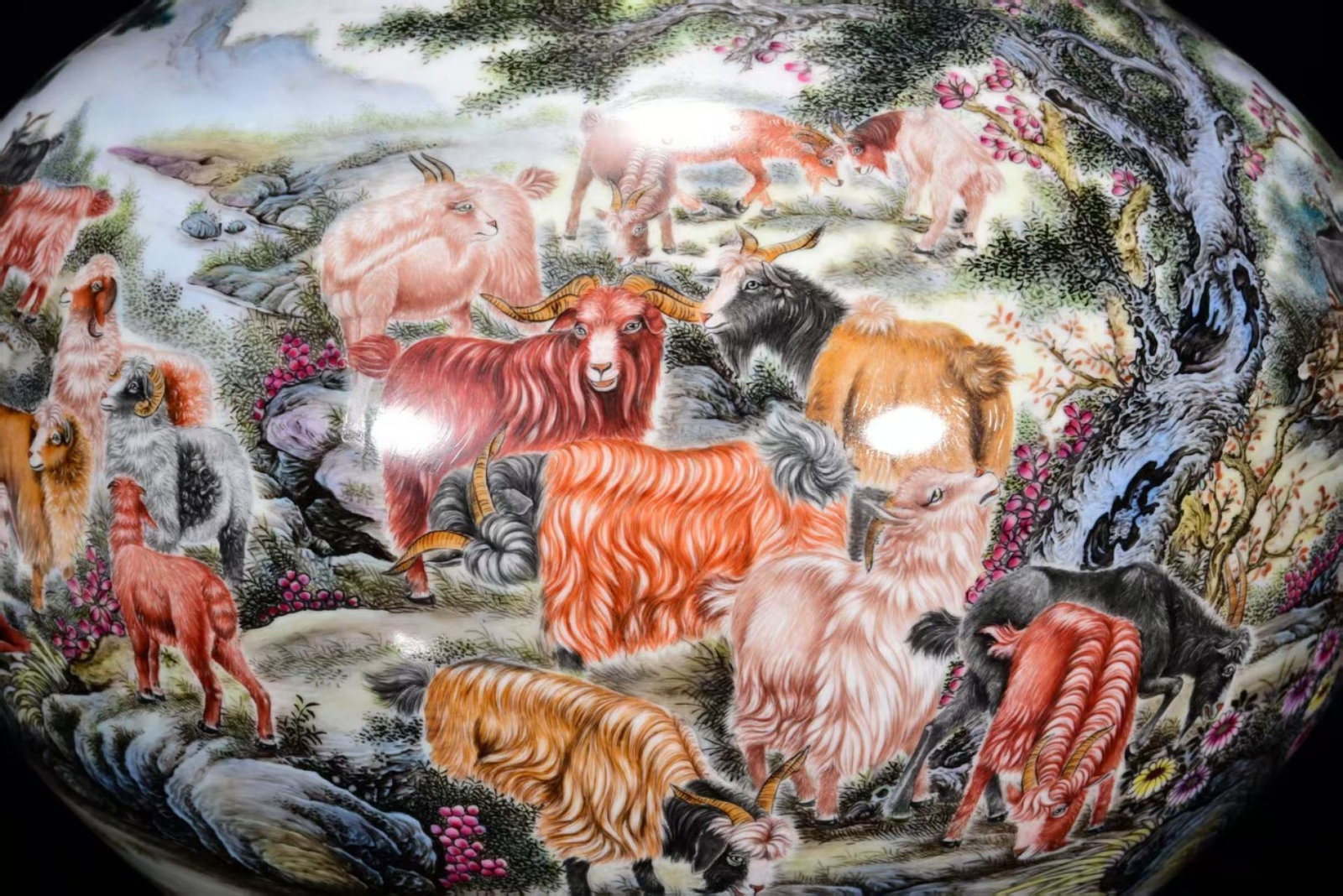 A Huge Enamel Painted Gold Landscape and Sheep Pattern Elephant-Ears Vase - 14