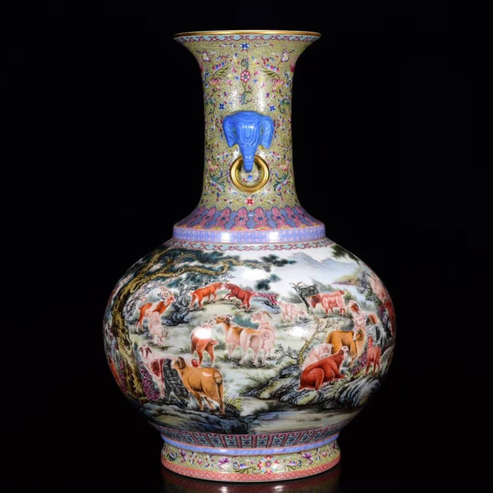 A Huge Enamel Painted Gold Landscape and Sheep Pattern Elephant-Ears Vase - 2
