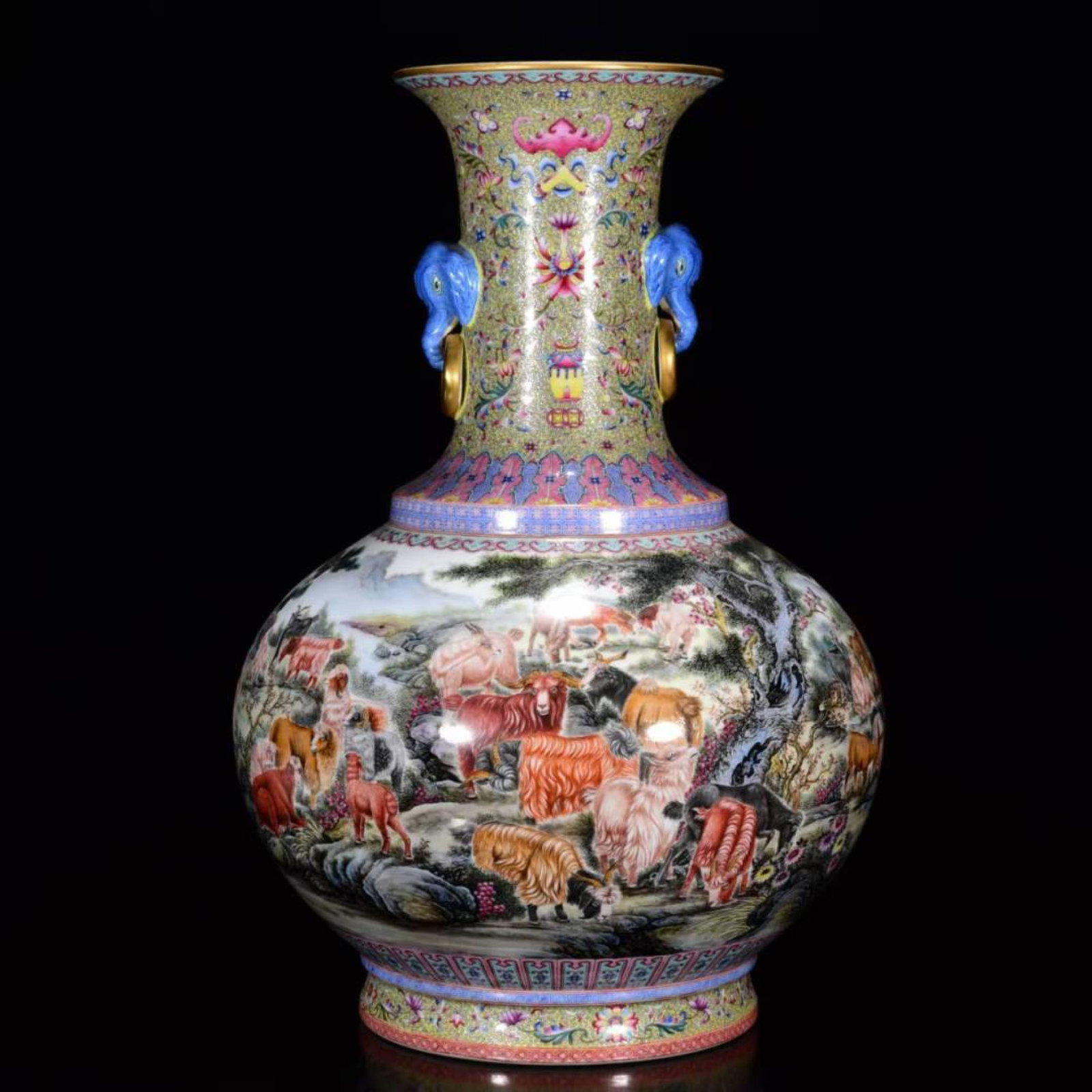 A Huge Enamel Painted Gold Landscape and Sheep Pattern Elephant-Ears Vase - 3