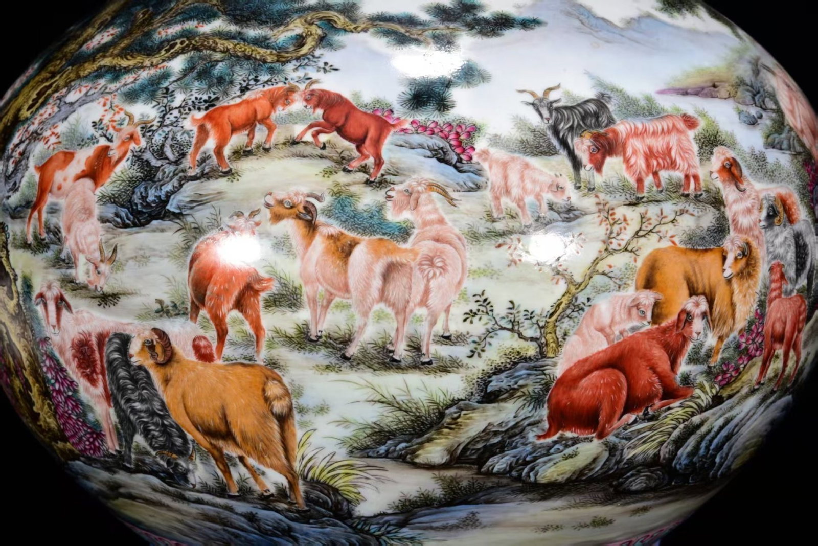 A Huge Enamel Painted Gold Landscape and Sheep Pattern Elephant-Ears Vase - 8