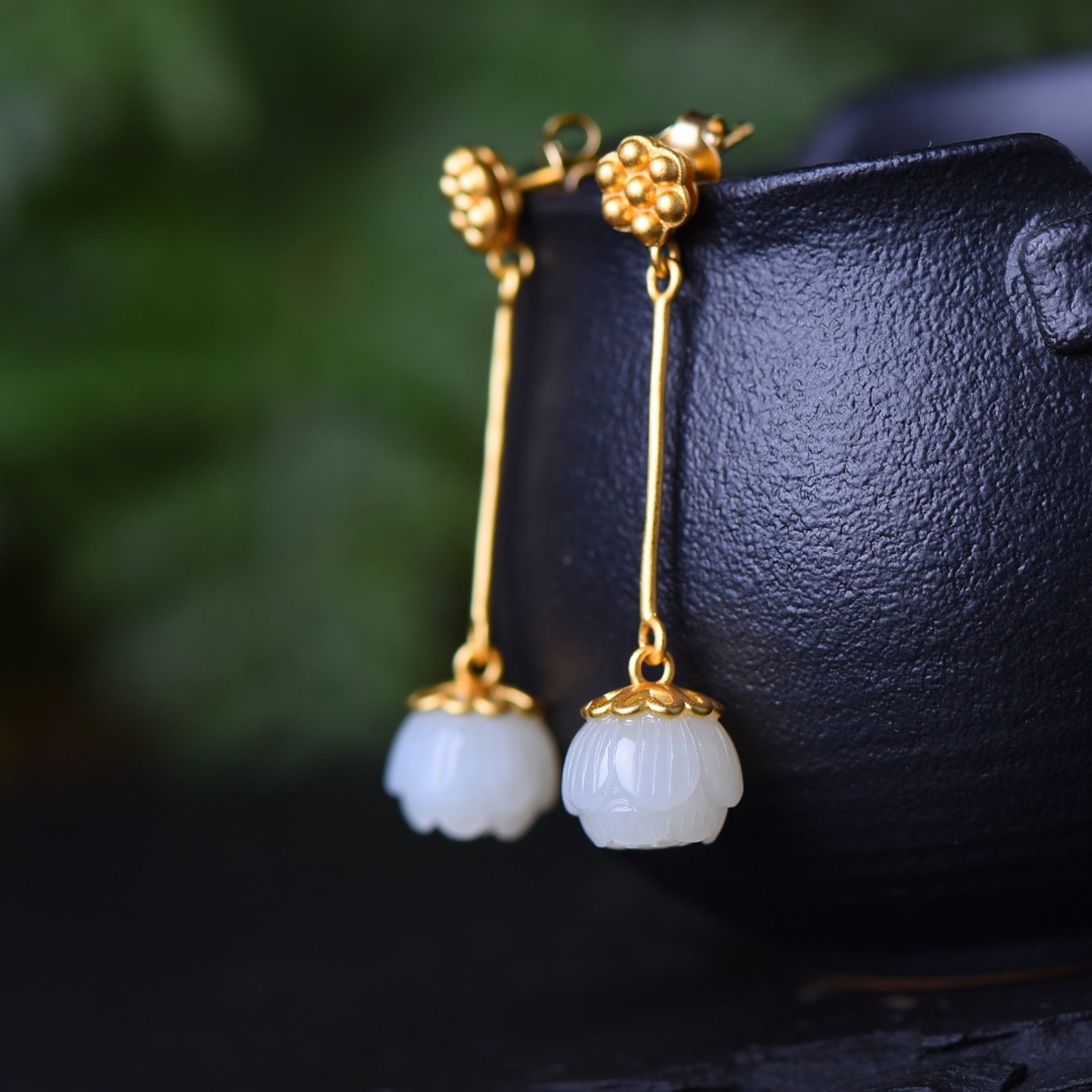 A Pair of Exquisite Sterling Silver-Gold Plated Inlaid White Jade Earrings - 2