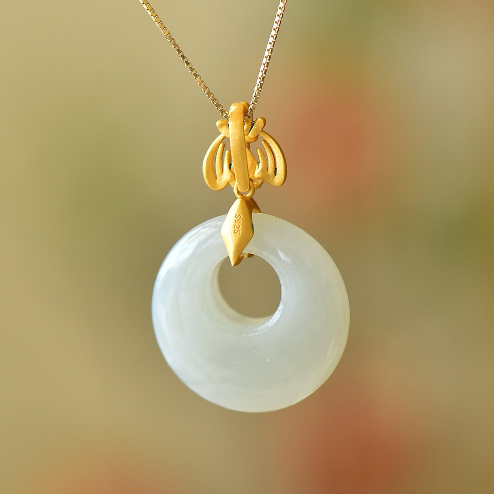 An Exquisite Sterling Silver-Gold Plated Inlaid White Jade Pendant - 2