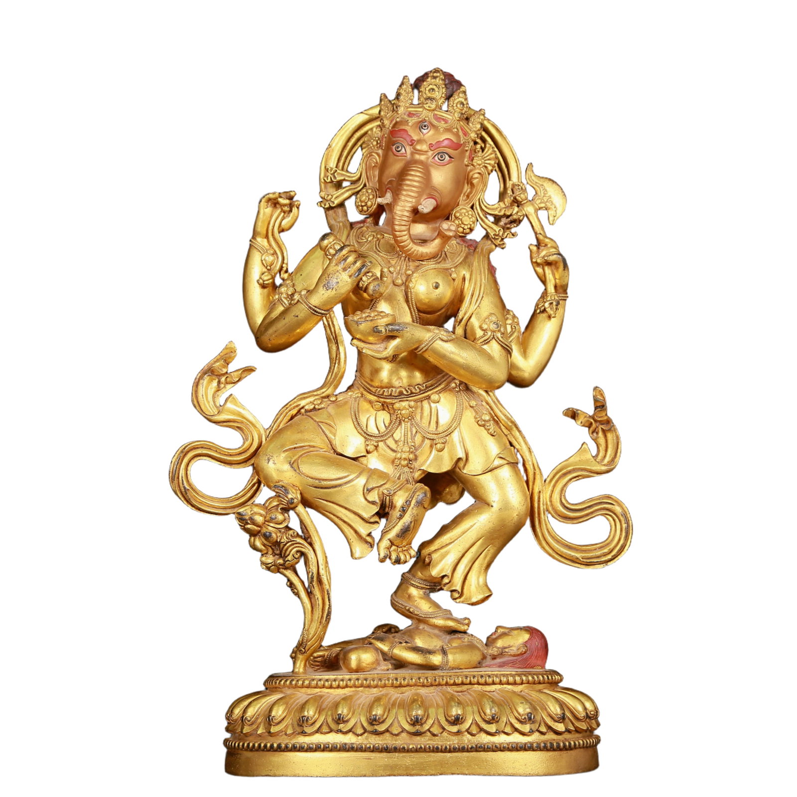 A huge gilt bronze statue of the Mammon with an elephant trunk: Estimated Value:8000-16000 huge gilt bronze elephant-trunk statue of the Mammon,Ming Dynasty, China. The Buddha's face is solemn and kind, and his eyes are deep, symbolizing wealth and fortune. Its ap